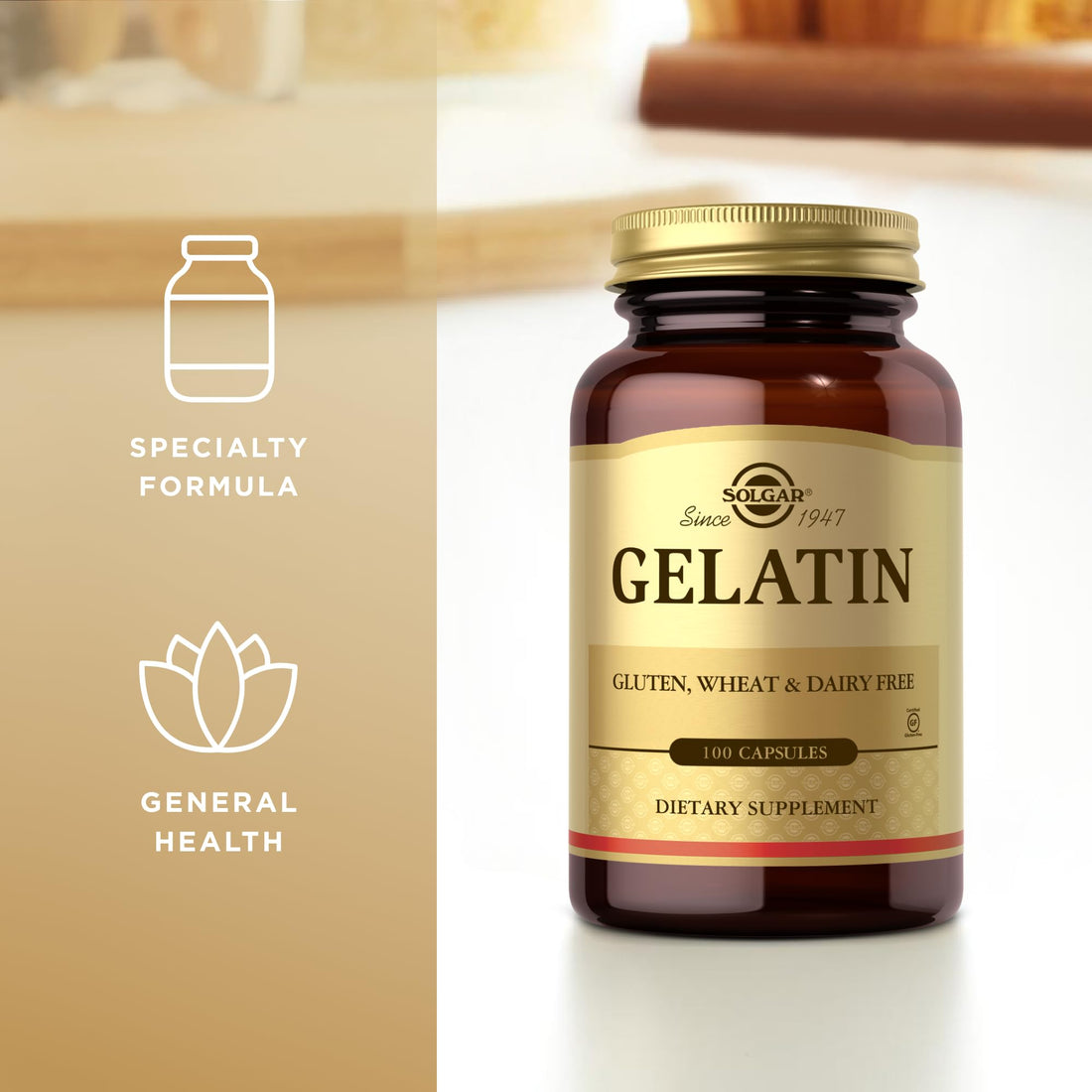 Solgar Gelatin 1680 mg, 100 Capsules - Natural Gelatin - Supports Bone, Joint & Skin Health - Gluten Free, Dairy Free - 33 Servings