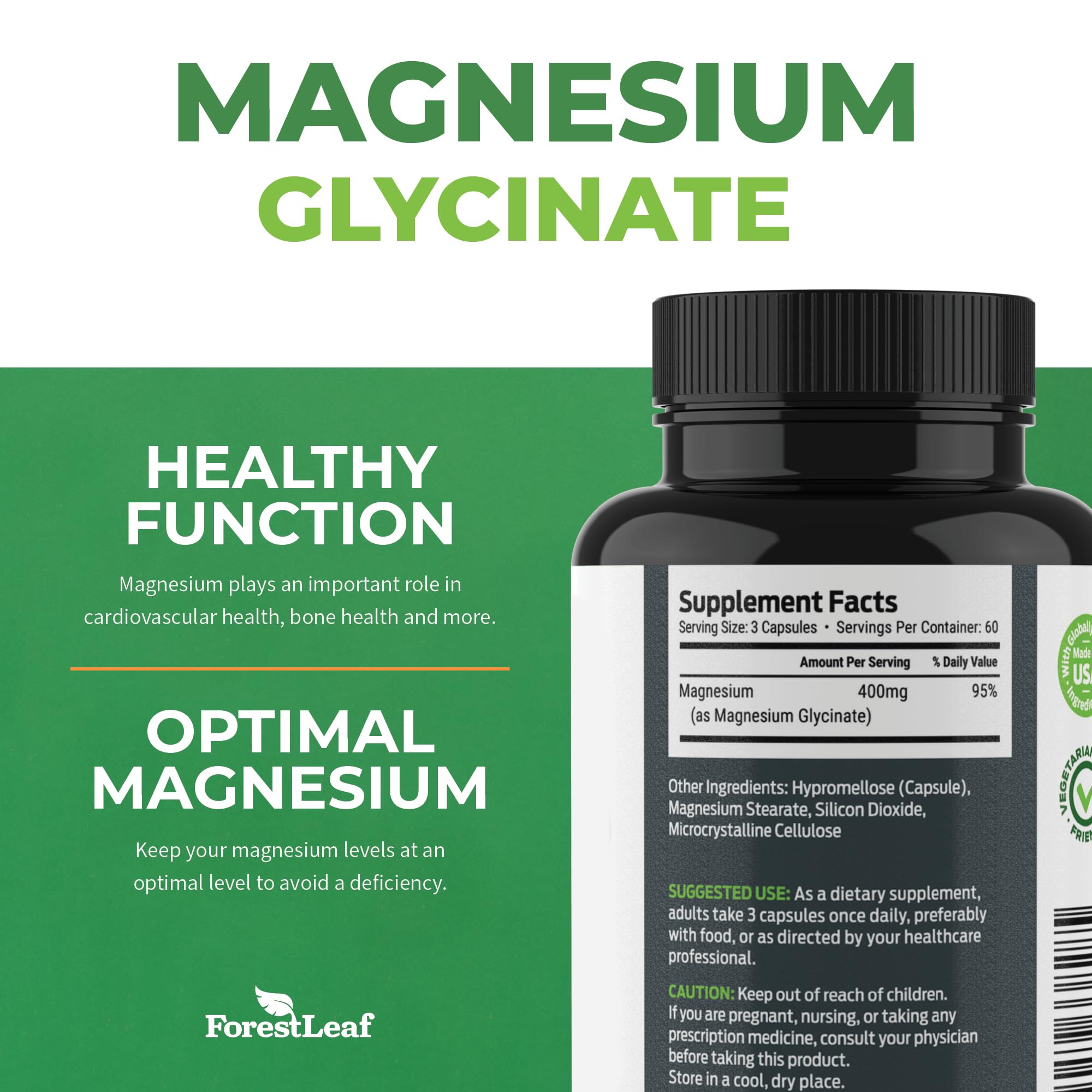 Pure Magnesium Glycinate 400mg Serving - High Absorption Magnesium Glycinate - Mag Bisglycinate for Stress, Bones, Muscles, Nerves, Relaxation & Heart Health, Non GMO & Gluten Free 180 Capsules
