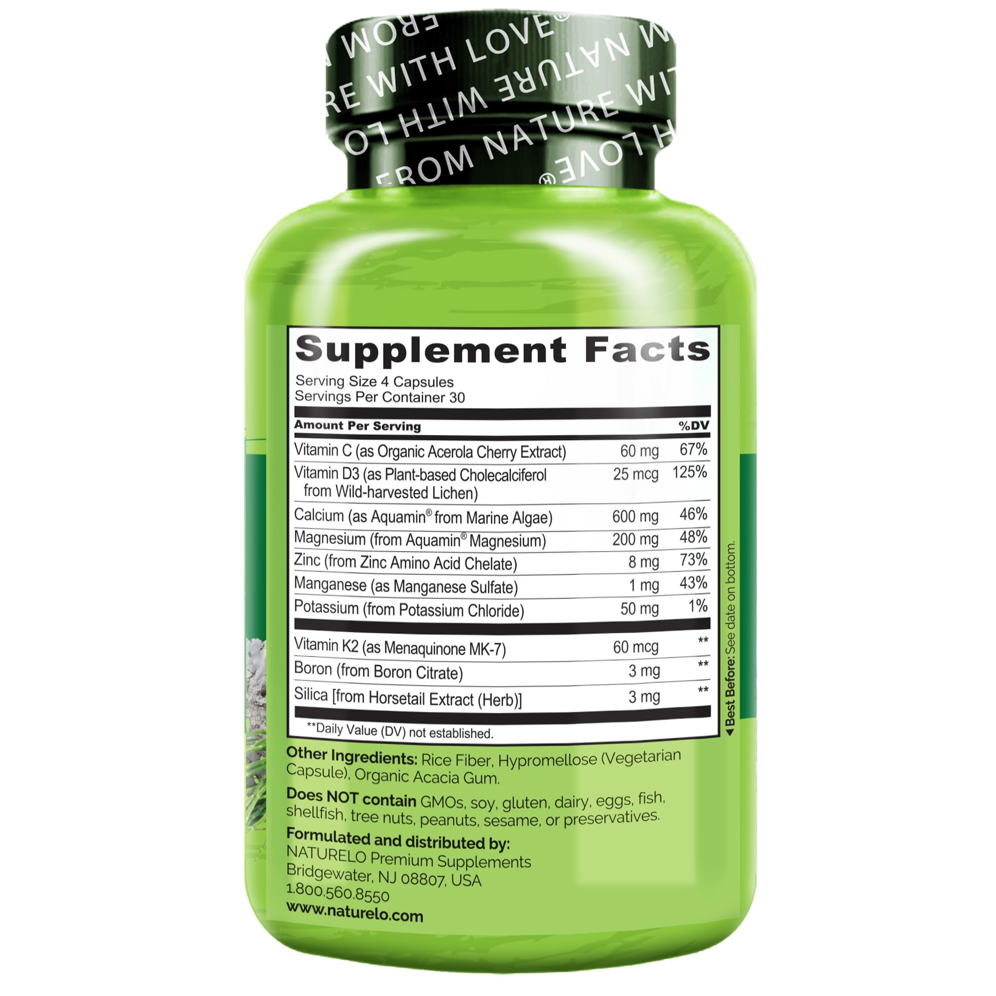 Naturelo Calcium Supplement - with Vitamin C, Vitamin D3, K2 and Magnesium, Zinc for Bone Strength, Calcium 600mg Plant-Based , 120 Vegetarian Capsules, Non-GMO, Soy & Gluten-Free