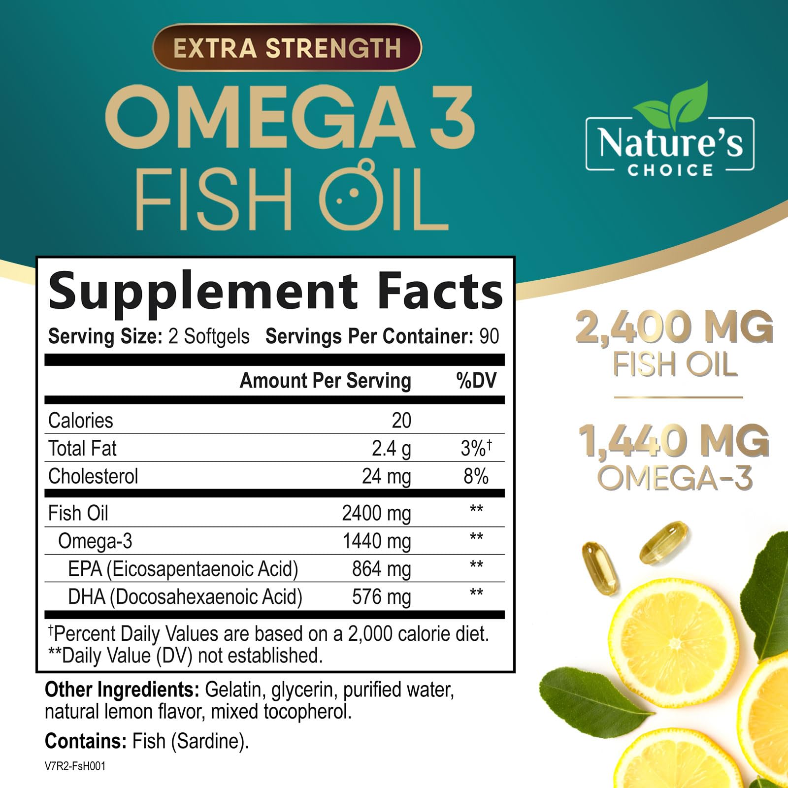 Omega 3 Fish Oil 2400 mg Supplement, Triple Strength Omega-3 Supplement Softgels, Brain & Heart Health Support, EPA & DHA, Nature's Fish Oil Fatty Acids Supplements, Gluten Free, Non-GMO, 180 Softgels