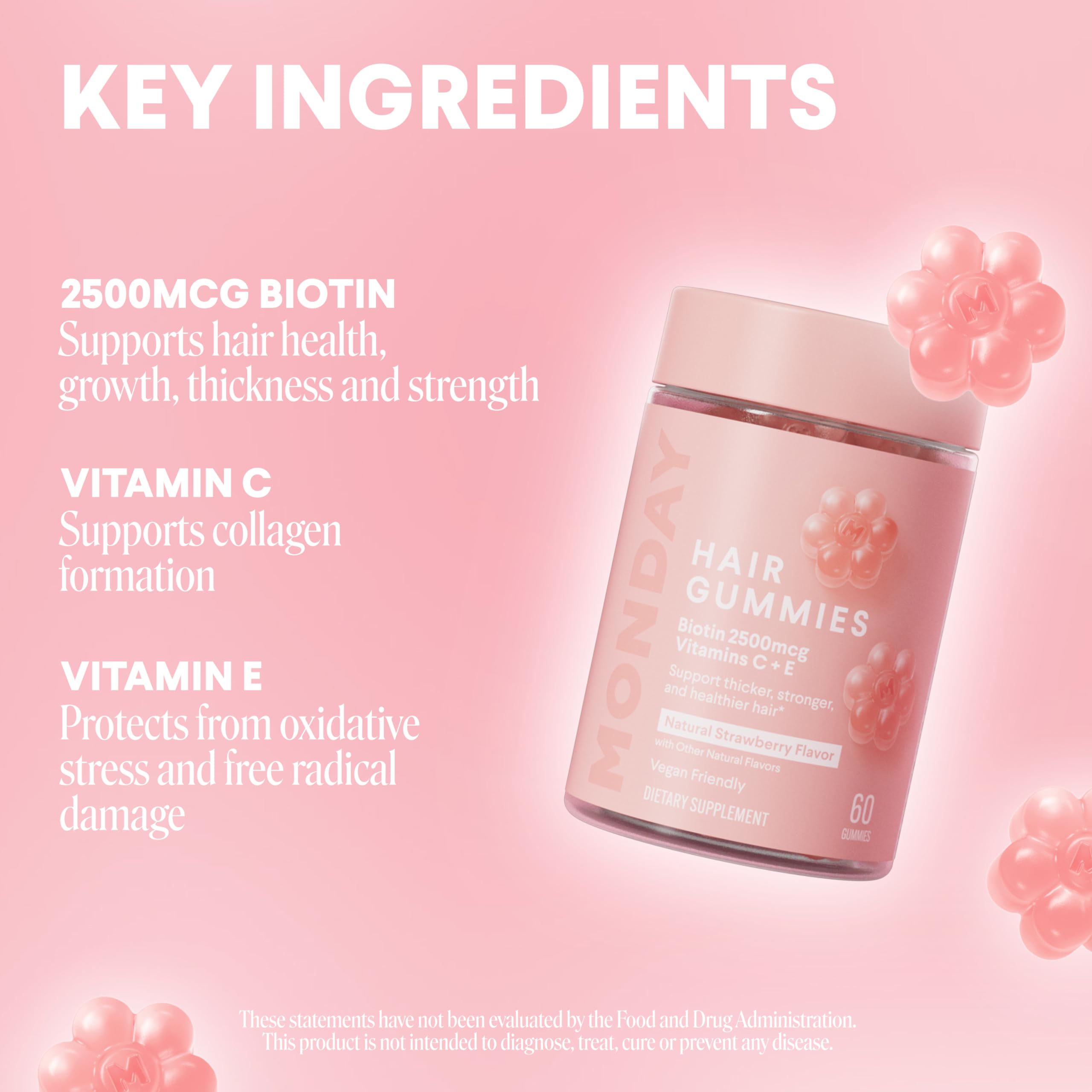 MONDAY HAIRCARE Hair Gummies for Thicker and Stronger Hair (60 Count) Strawberry Flavored - Biotin, Vitamin C, E, Supplement for Women and Men