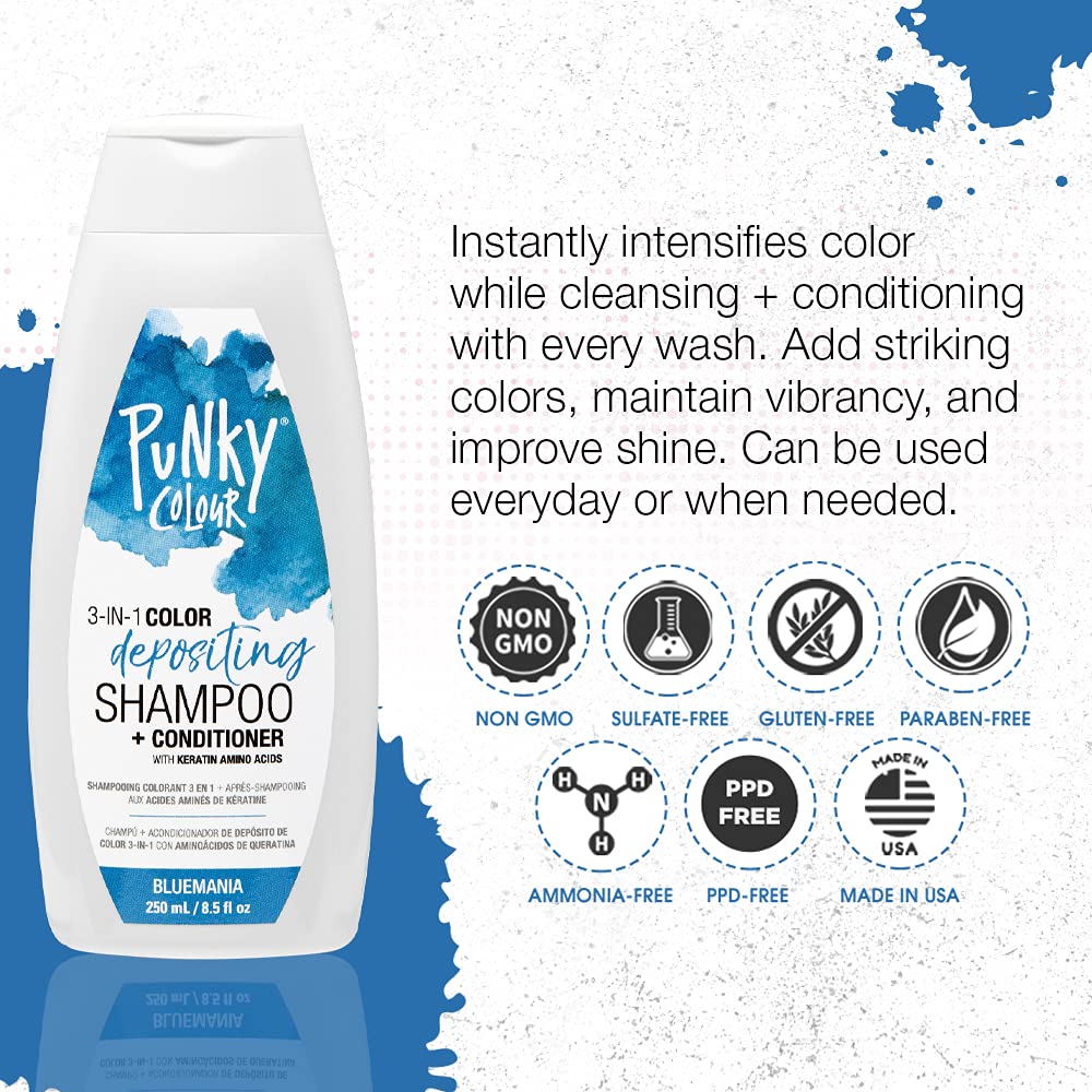 Punky Bluemania 3-in-1 Color Depositing Shampoo & Conditioner with Shea Butter and Pro Vitamin B that helps Nourish and Strengthen Hair, 8.5 oz