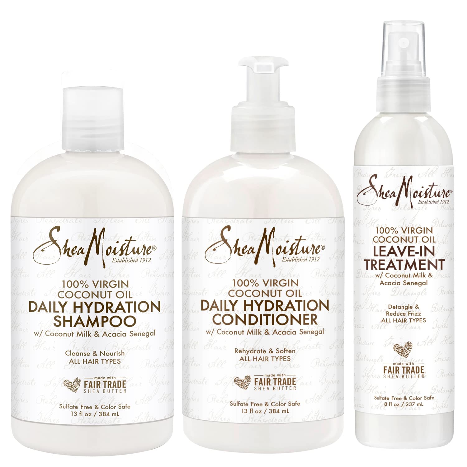 Shea Moisture 100% Virgin Coconut Oil Trio Set | Daily Hydration Conditioner 13 Ounce, Daily Hydration Shampoo 13 Ounce & Leave-in Treatment 8 Ounce