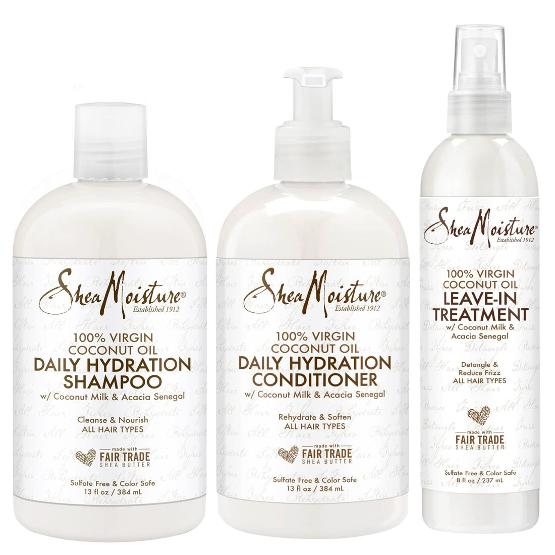 Shea Moisture 100% Virgin Coconut Oil Trio Set | Daily Hydration Conditioner 13 Ounce, Daily Hydration Shampoo 13 Ounce & Leave-in Treatment 8 Ounce