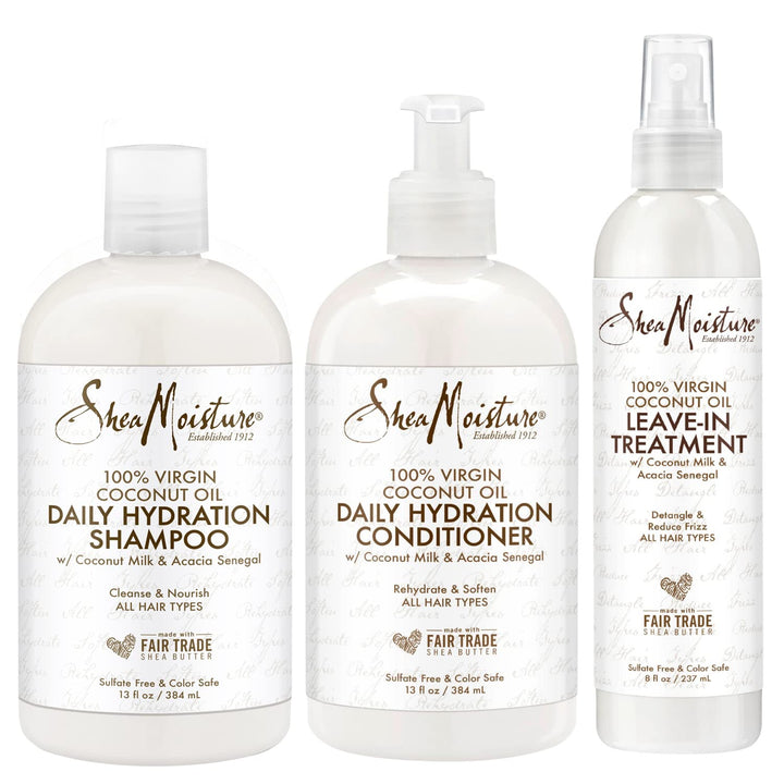 Shea Moisture 100% Virgin Coconut Oil Trio Set | Daily Hydration Conditioner 13 Ounce, Daily Hydration Shampoo 13 Ounce & Leave-in Treatment 8 Ounce