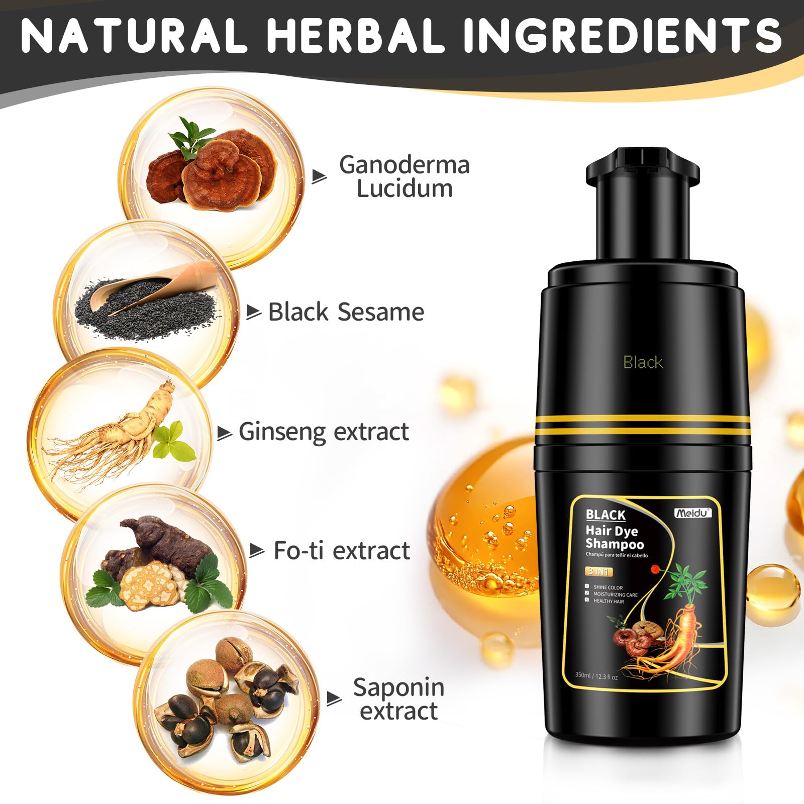 IIIMEIDU Black Hair dye Shampoo 3 in 1, Natural Hair Color Shampoo for Gray Hair, Shampoo Tinte Para el Cabello for Women and Men 100% Grey Hair Coverage, 350ml