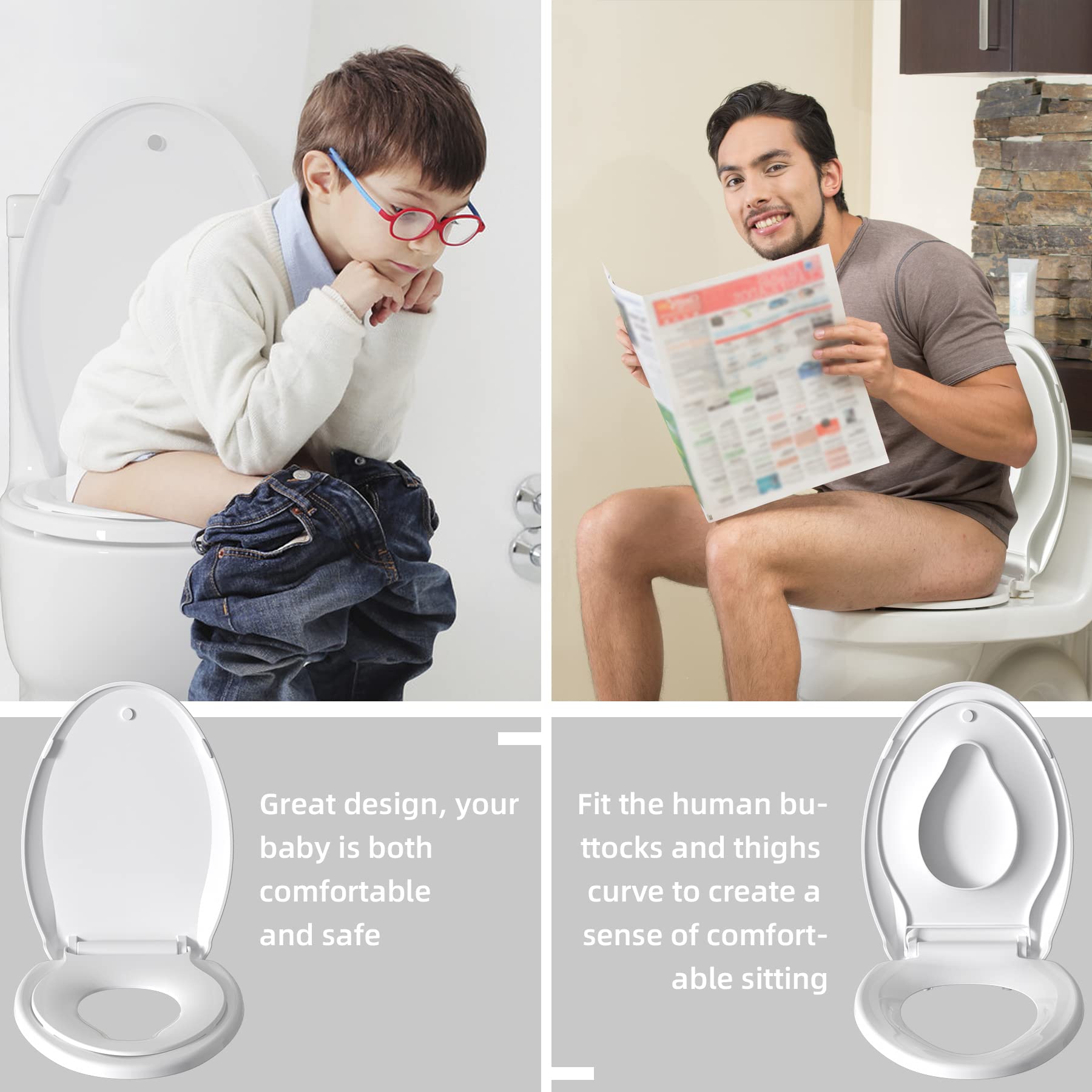 Hibbent Potty Training Toilet Seat, Built-in Magnetic Seat, Lid with Cover, Never Loosen and Slow Close Convertible Toilet Seat for Kids, Adult and Child (White, Elongated)