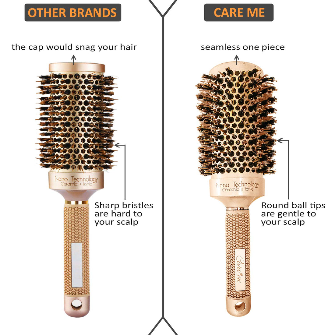 Care Me Professional Blow Dry Round Hair Brush with Natural Boar Bristles for Healthy Shiny Frizz-Free Straight or Curl Hair (2 Inch)