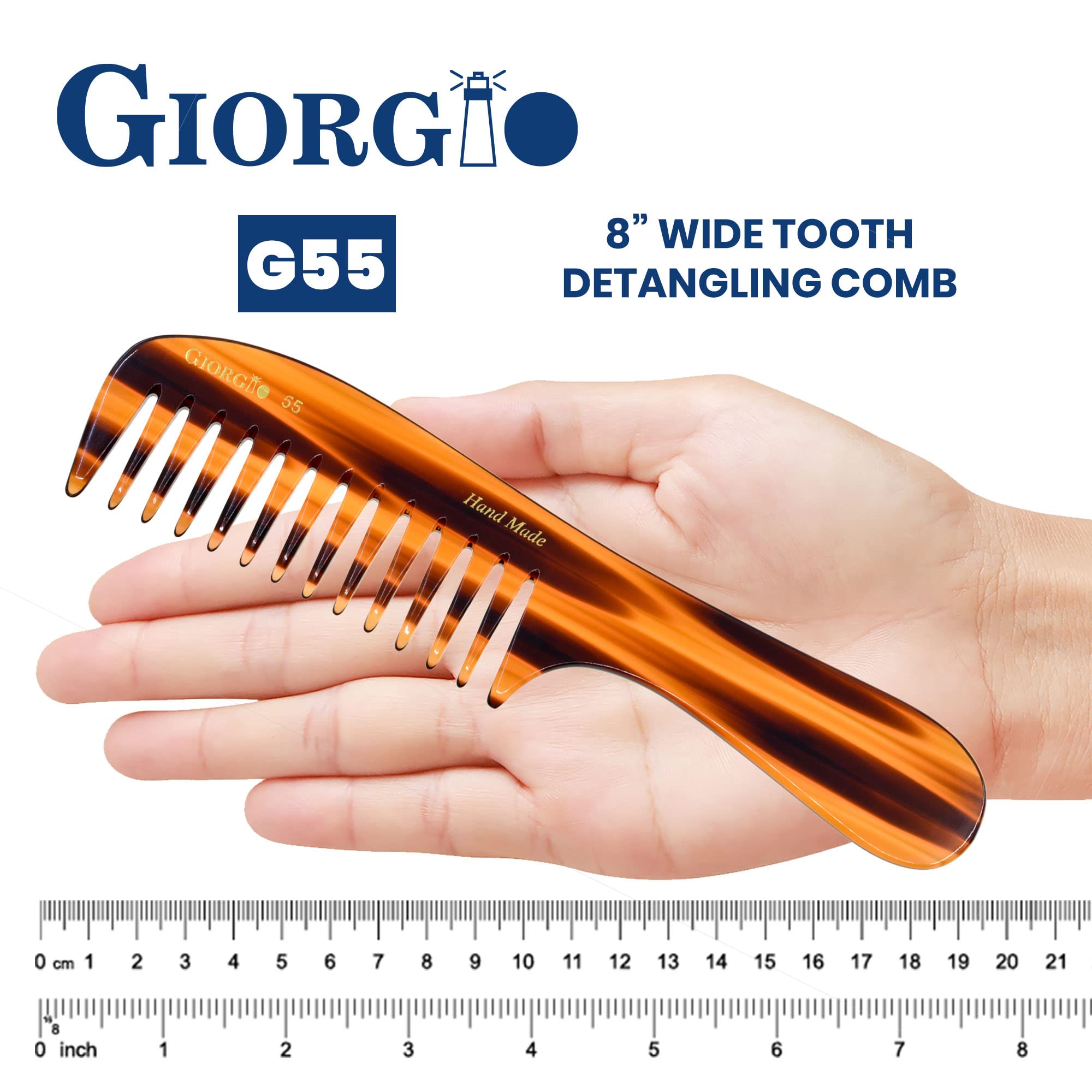 Giorgio G55 8 Hand Made Tortoise Detangling Comb - Wide Teeth. Hand-Made of quality Durable Cellulose.