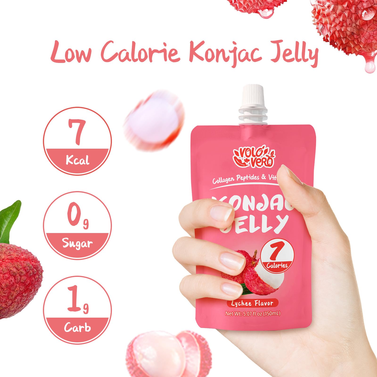 VOLO VERO Konjac Jelly Pouch Drinkable Lychee Flavor with Collagen Peptides and Vitamin C, 7 Calories, Gluten Free, Zero Sugar,Keto, Low Fat Healthy Fruit Snacks, Holiday Gifts, 10 Packs