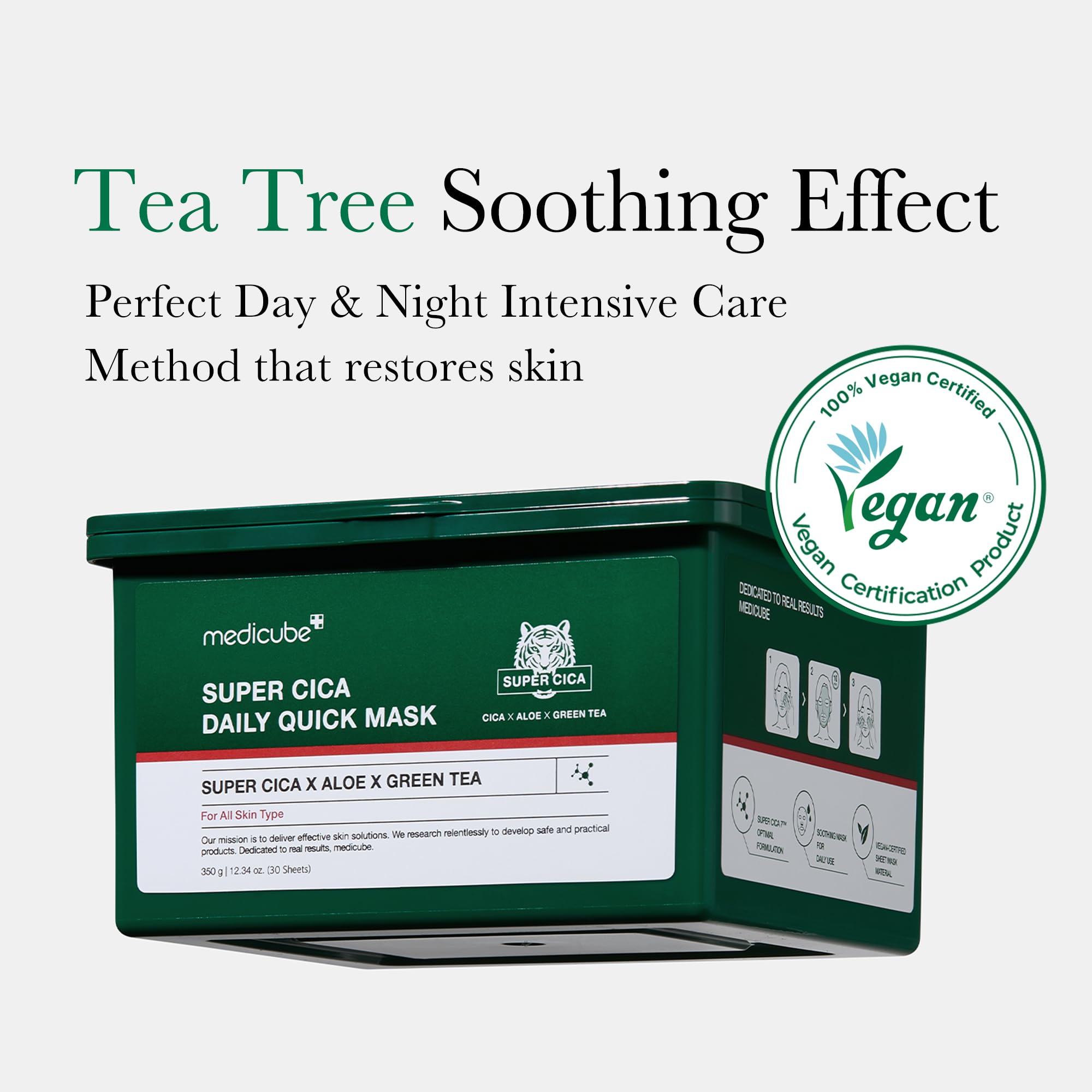 medicube Super Cica Daily Quick Facial Masks (30 Sheets) - 60-Second Soothing & Hydrating Facial Mask with 88% Cica, Instant Cooling & Moisturization - 100% Vegan Certified, Korean Skincare