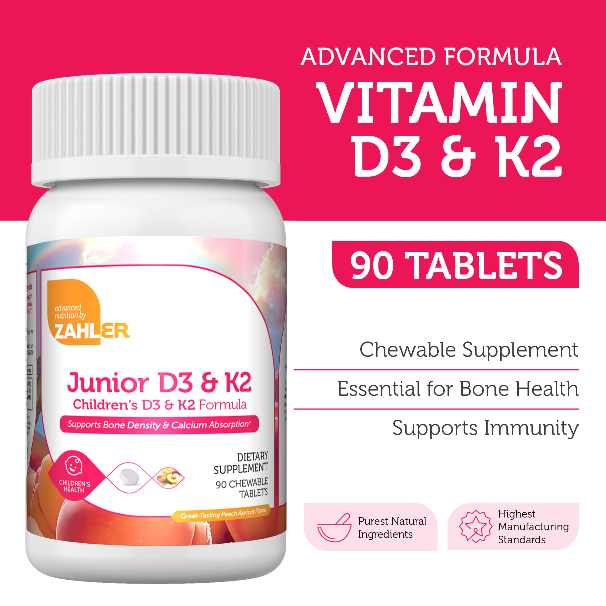 Zahler - Junior Vitamin D3 + K2 Chewable Tablets for Kids| Vitamin D for Kids 2000 IU | Delicious Vitamin D K2 Chews to Support Healthy Bones & Teeth - Kosher, Less Sugar Than Gummies (90 Count)