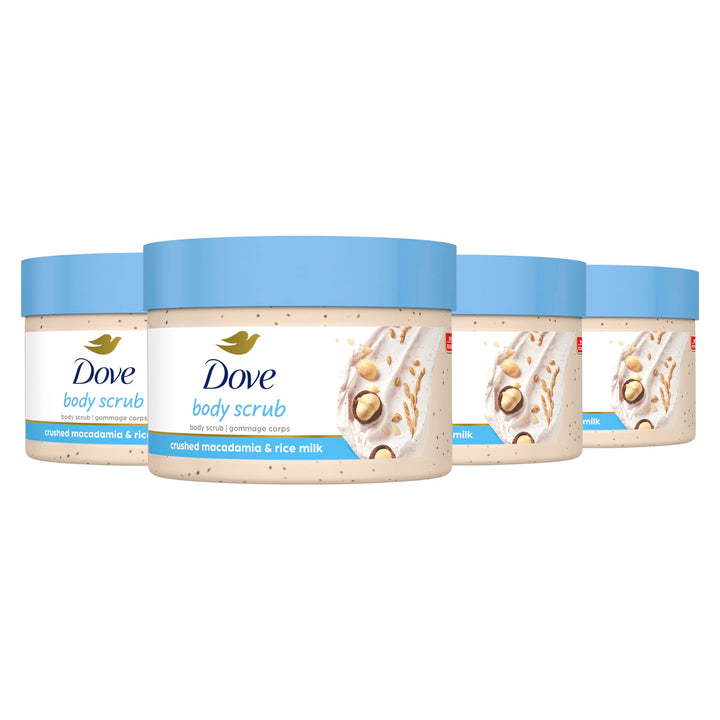 Dove Exfoliating Body Polish Scrub Reveals Visibly Smoother Skin Macadamia & Rice Milk Body Scrub That Nourishes Skin, 10.5 oz, 4 Count