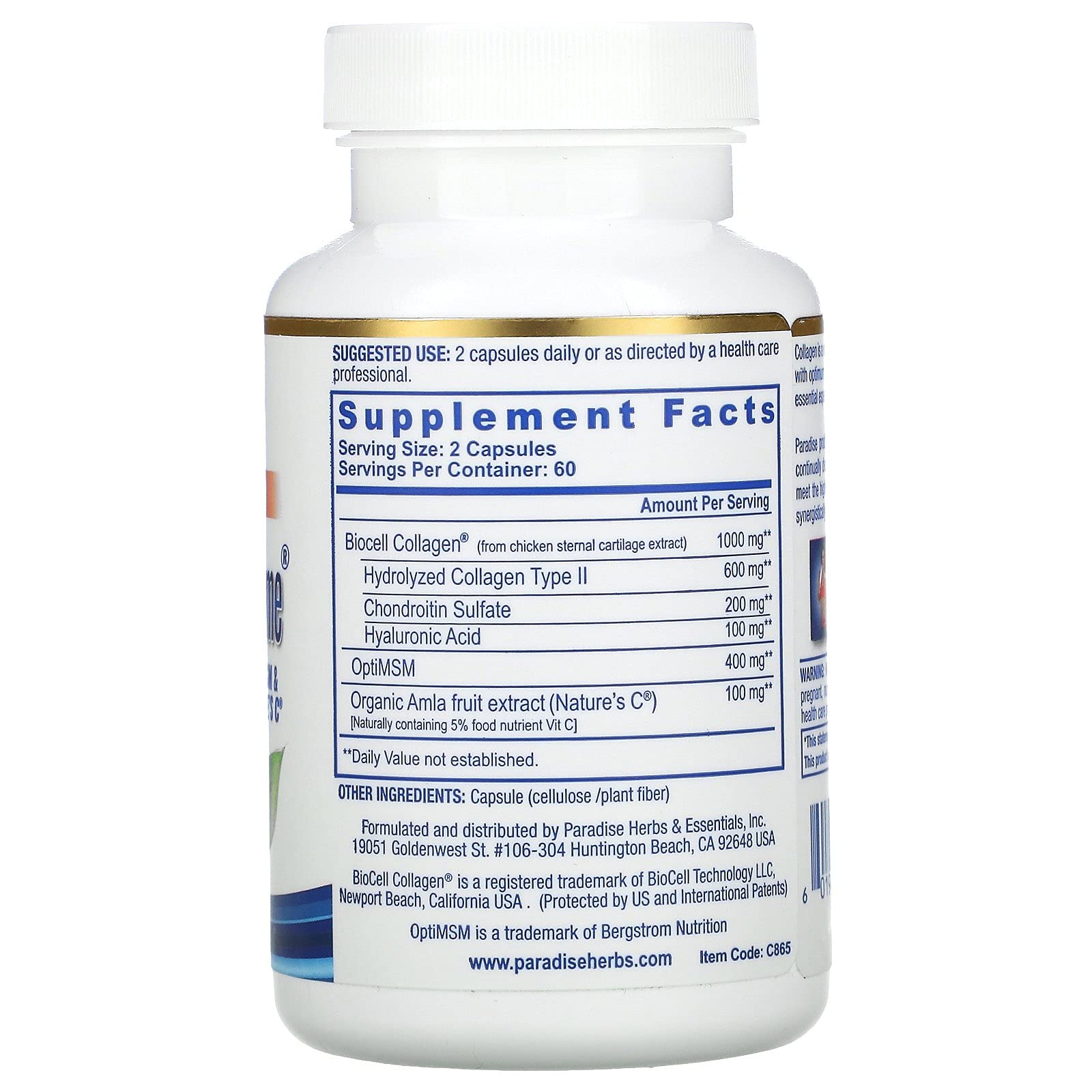 Paradise Herbs Collagen Extreme with Biocell Collagen, Hylauronic Acid and Nature's C, for Healthy Hair, Skin, and Joints, 60 Capsules