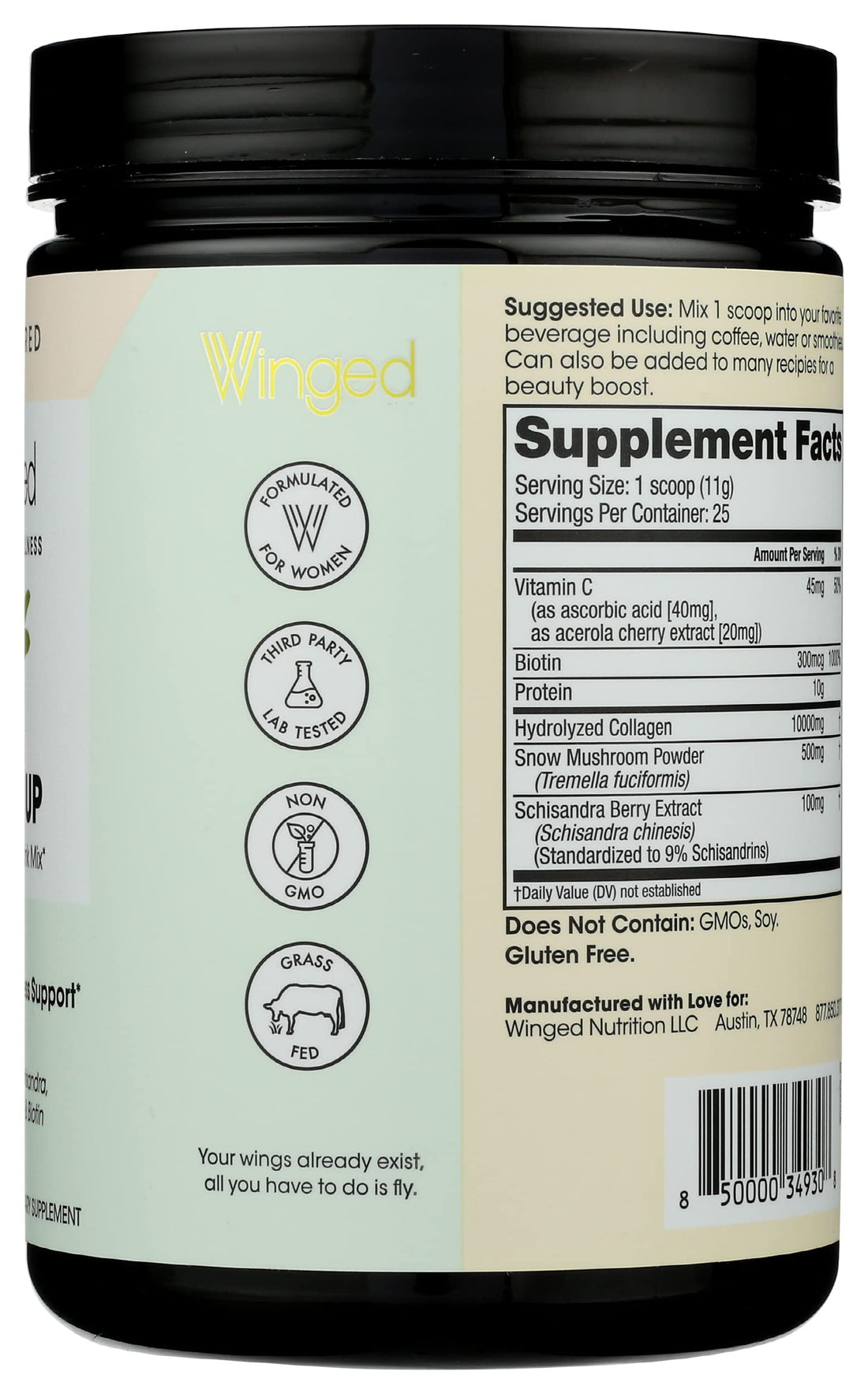 Winged Wellness Glow Up, Collagen Powder for Women - Hair, Skin & Nails Beauty Supplement with Grass-Fed Hydrolyzed Collagen Peptides Adaptogens, Vitamin C & Biotin - 25 Servings, Unflavored