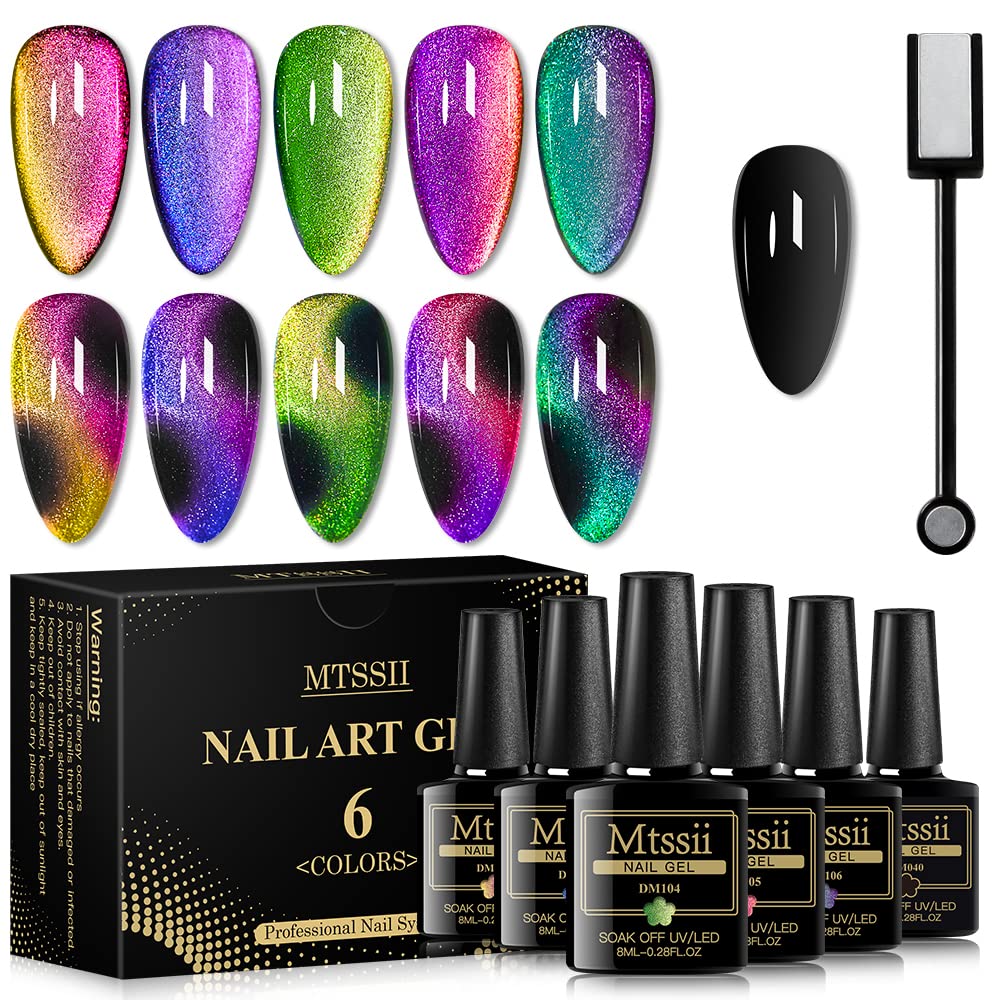 MTSSII Cat Eye Gel Nail Polish Chameleon Magnetic Gel Soak Off UV LED 6 Colors Nail Polish Set with 1 Magnet Stick