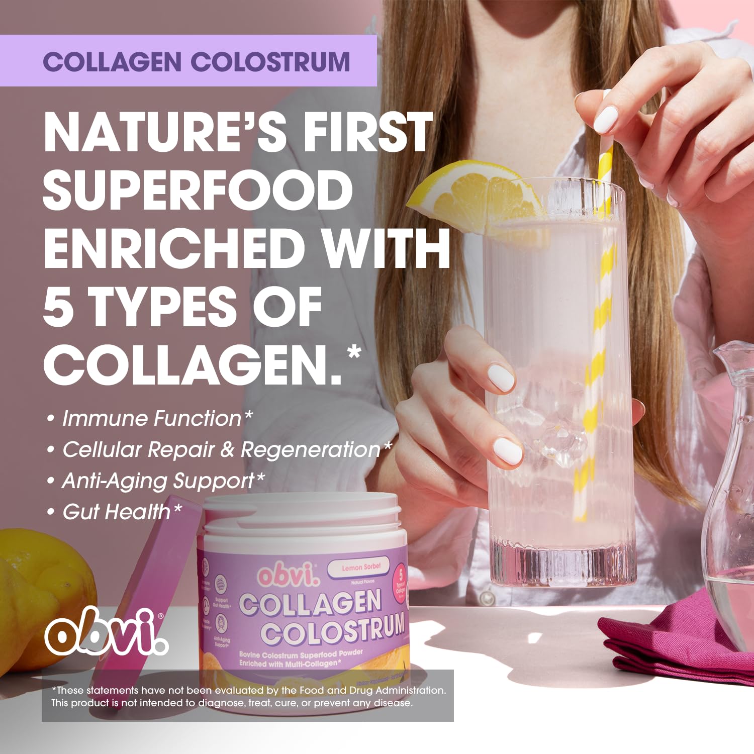 Obvi Collagen Peptide Colostrum Powder | Multi-Collagen Peptides with Grass-Fed Bovine Colostrum | Supports Gut Health, Immune, Skin & Hair | Gluten-Free, Keto-Friendly | Lemon Sorbet, 30 Servings