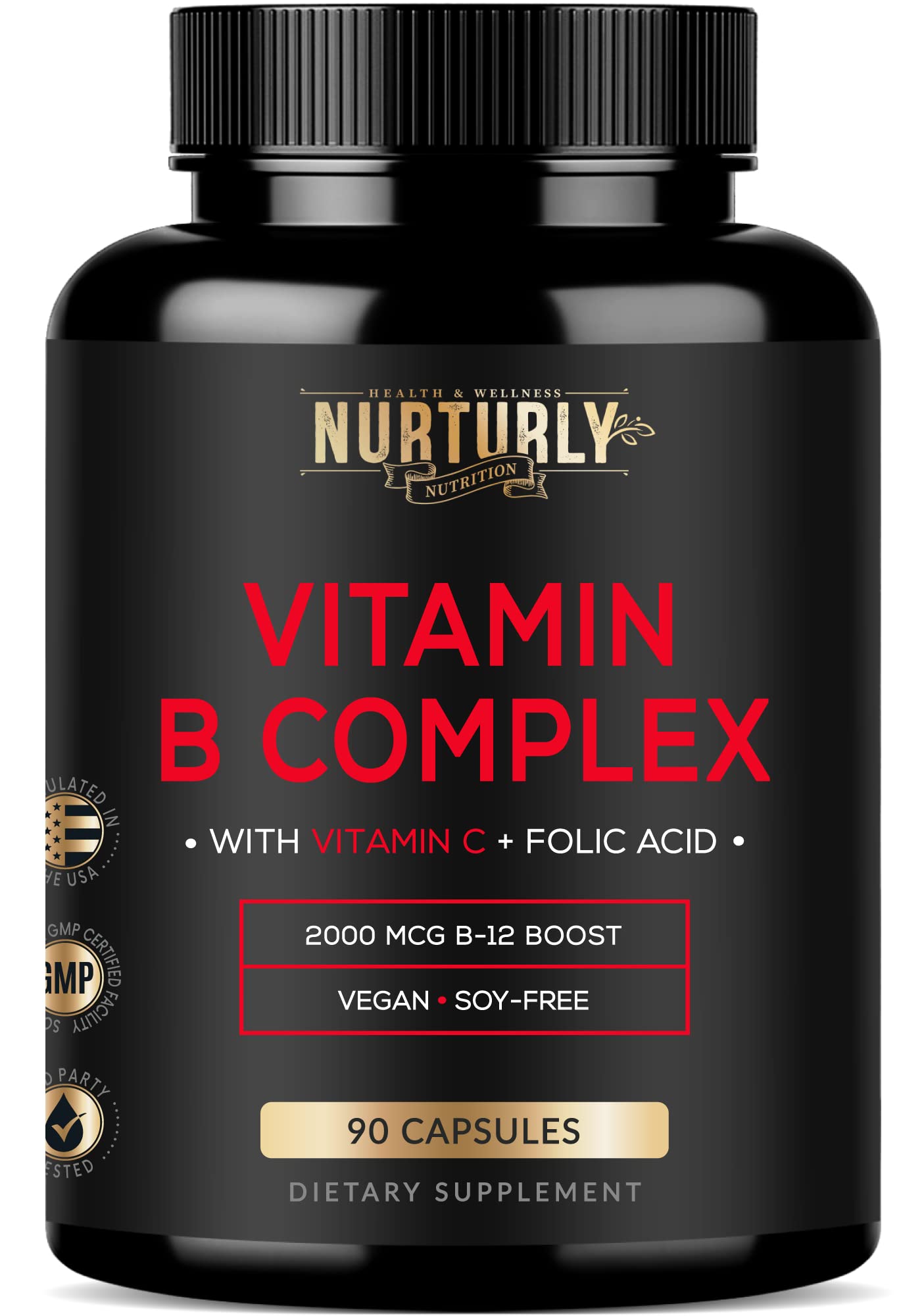 Vitamin B Complex with Vitamin C - Contains All Essential B Vitamins - B1, B2, B3, B5, B6, B7, B9, B12 and Biotin - Super B Complex Vitamins for Energy, Immunity and Mood Support - 90 Capsules