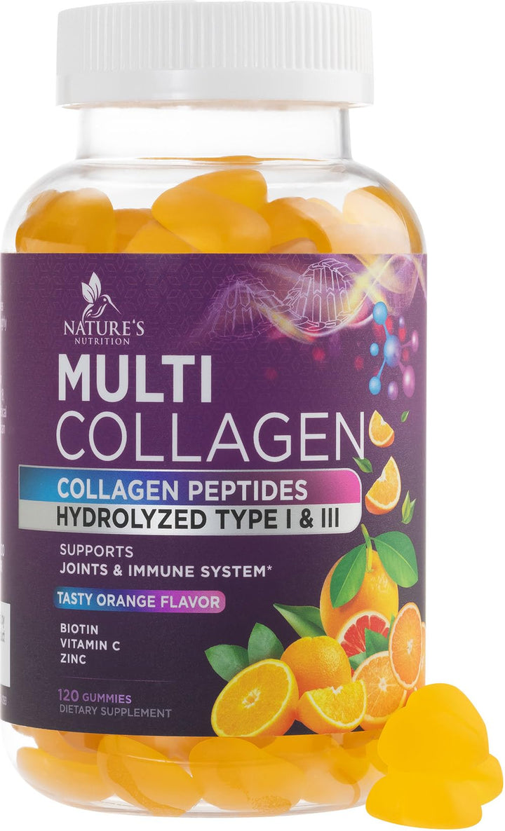 Collagen Gummies with 2500mcg Biotin, Vitamin C & Zinc - Hydrolyzed Type 1 & 3 Multi Collagen Peptides Supplement - Support for Hair, Skin, Nails & Joints, For Women & Men, Orange Flavored - 120 Count