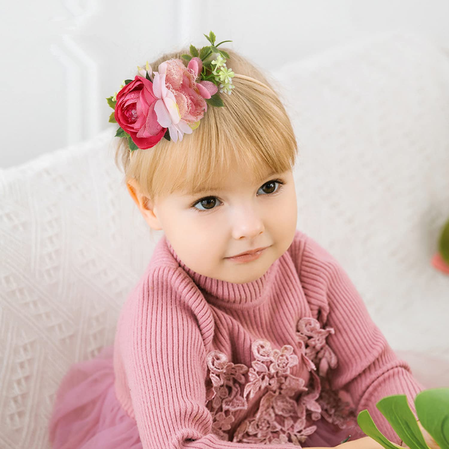 Cinaci 6 Pack Delicate Rose Flower Nylon Headbands Floral Bows Headband Super Stretchy Hair Bands Fancy Headpieces Tiara Crown Accessories Bulk for Baby Girls Newborns Infants Toddlers Kids