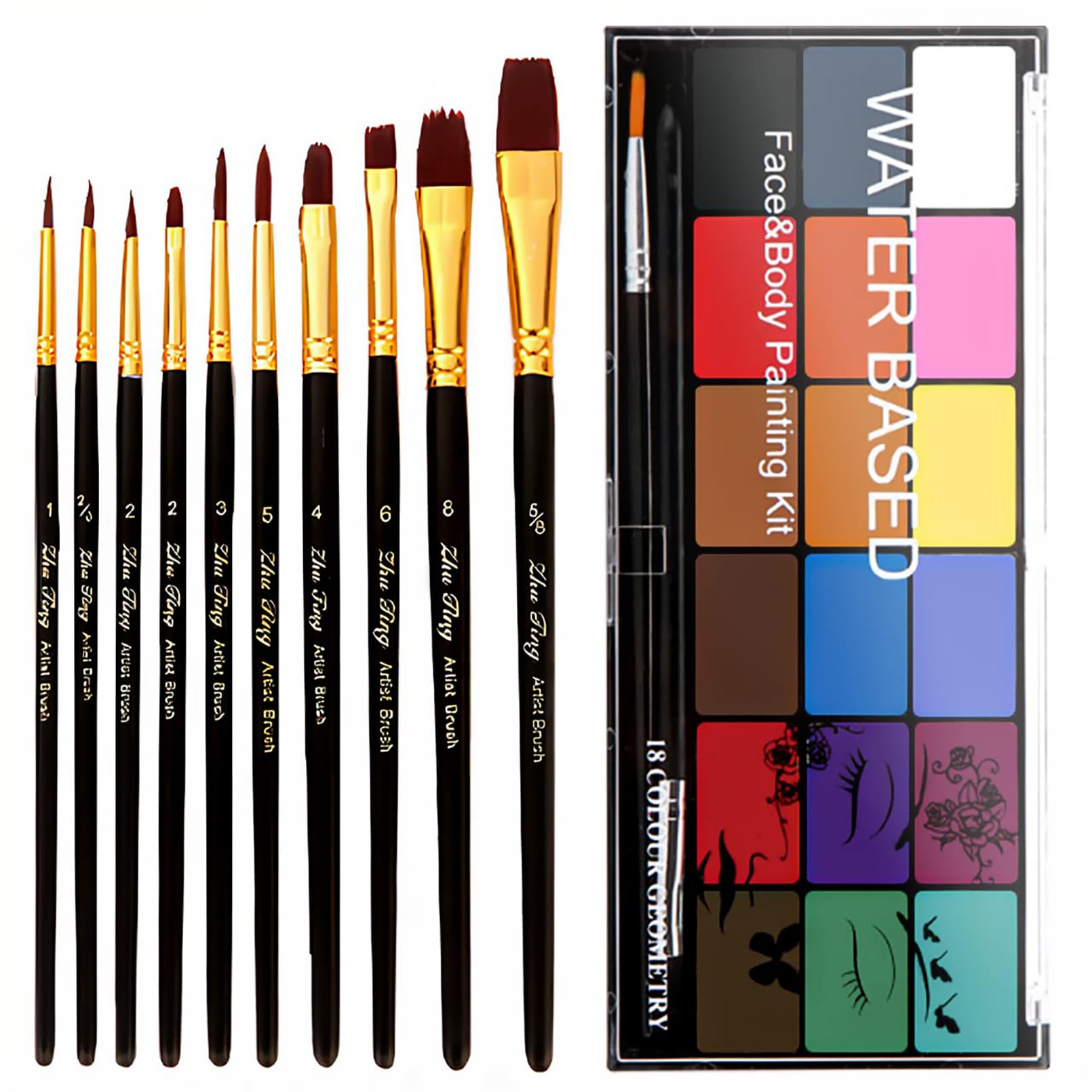 BRIMFULITE Face Painting Kit Non-toxic Body Paint Washable 18 Colors Facepaint Makeup Kit for Adults with 10 Face Paint Brushes for Halloween Party Cosplay Makeup (Color 001)