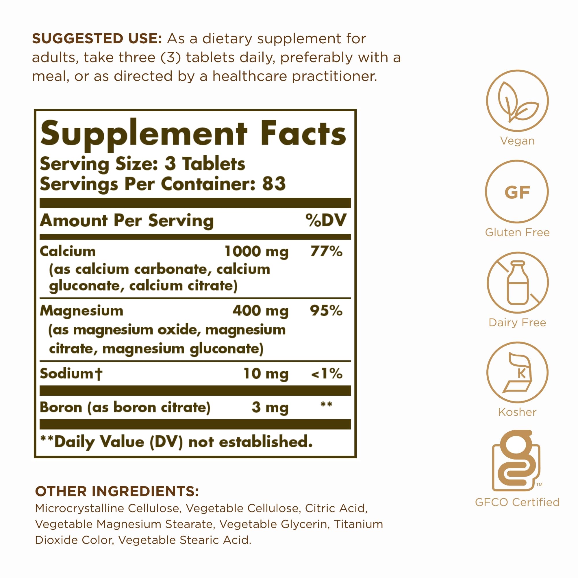 Solgar Calcium Magnesium Plus Boron - 250 Tablets, Pack of 3 - Non-GMO, Vegan, Gluten Free, Dairy Free, Kosher - 249 Total Servings