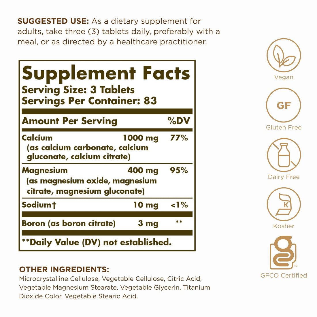 Solgar Calcium Magnesium Plus Boron - 250 Tablets, Pack of 3 - Non-GMO, Vegan, Gluten Free, Dairy Free, Kosher - 249 Total Servings