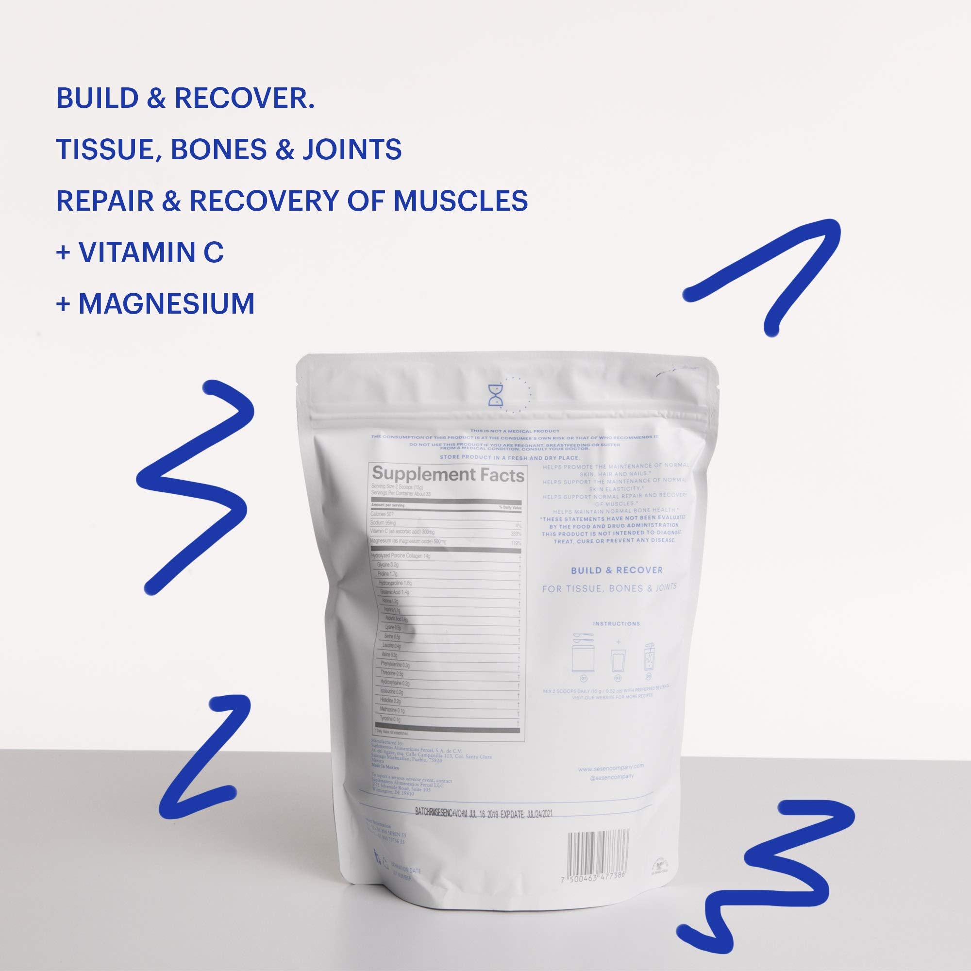 SESEN Hydrolyzed Collagen + Vitamin C + Magnesium (Blue) Powder 17.6 oz