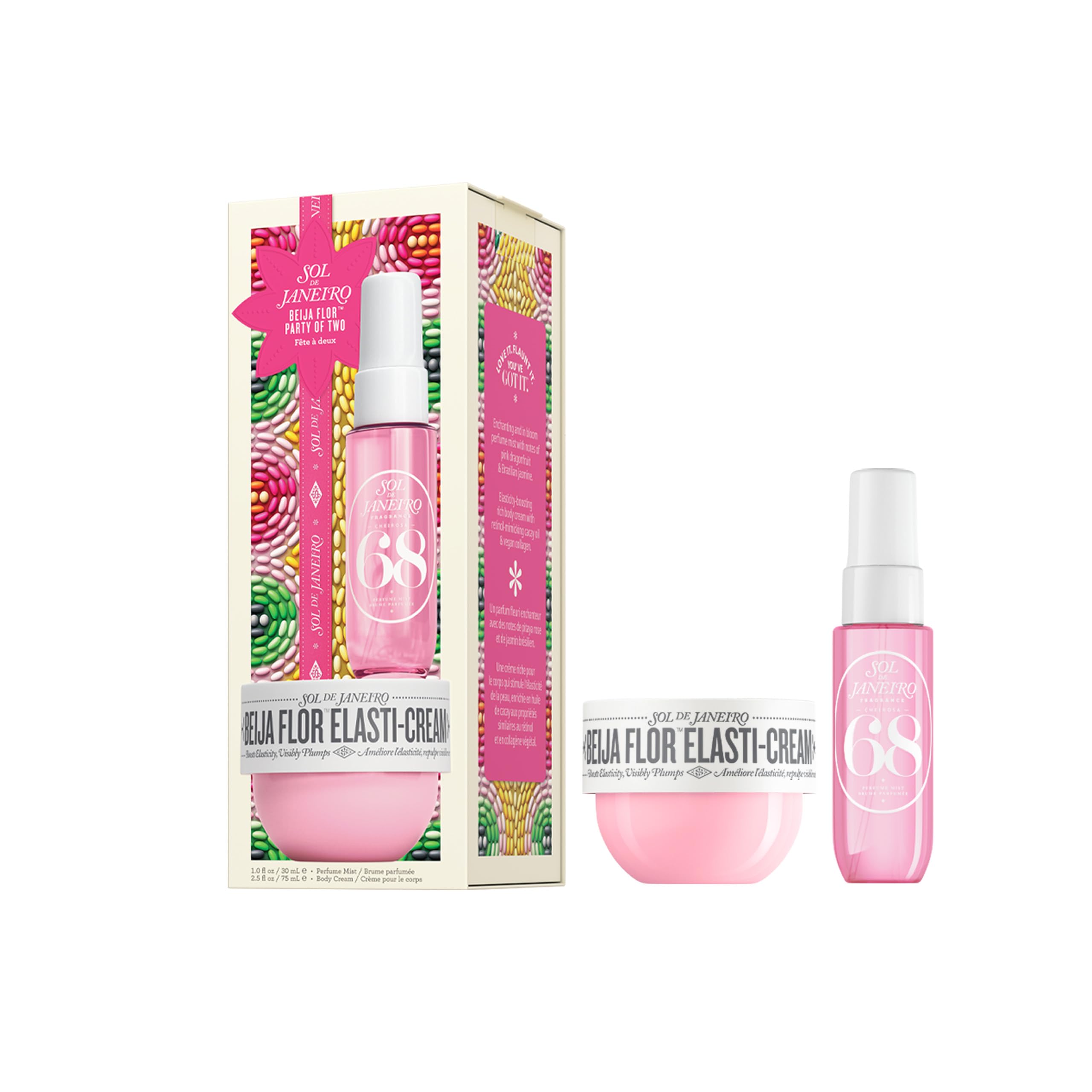 Sol de Janeiro Beija Flor Party of Two Holiday Gift Set | Beija Flor Elasti-Cream 2.5 fl oz & Cheirosa 68 Perfume Mist 1 fl oz | Beauty Minis | Limited Edition | Travel Size Trial Set