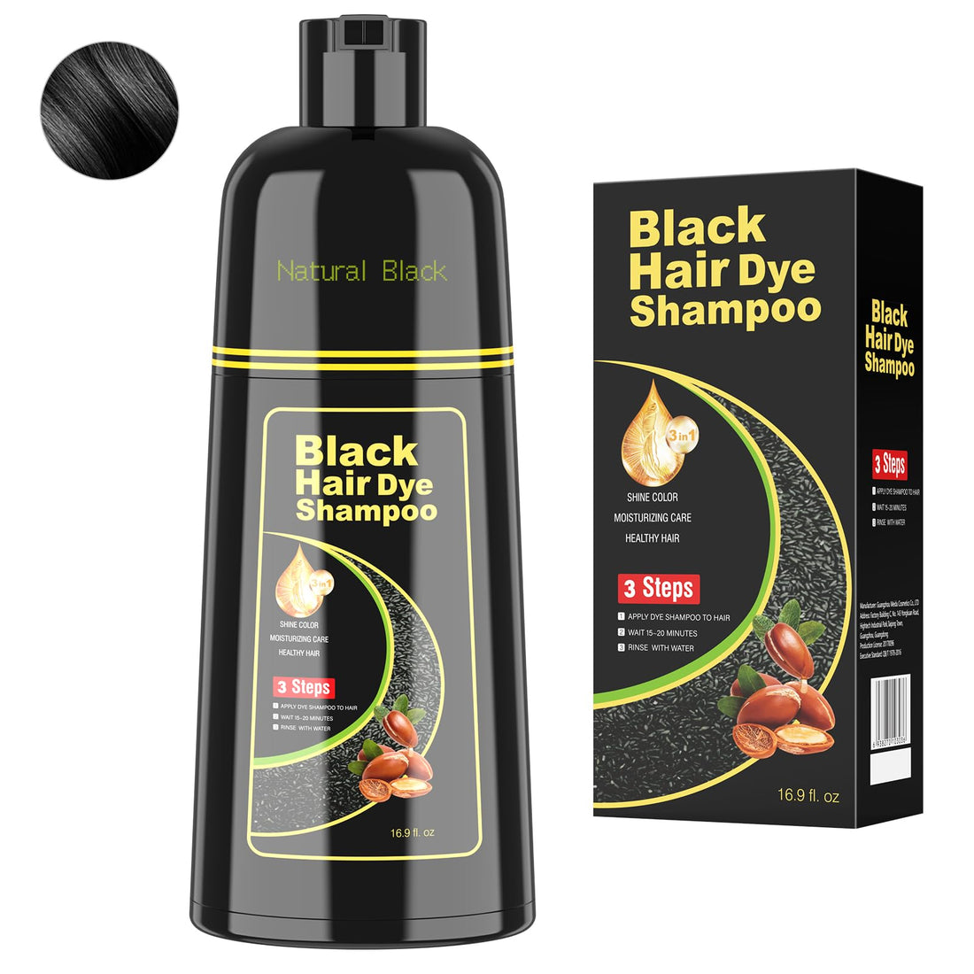 BELEZALIB Black Hair Dye Shampoo for Woman & Man, Argan Hair Color Shampoo 3 in 1, Semi-Permanent Gray Hair Coverage, Mild Formula, Lasts 30 Days(16.90 oz)