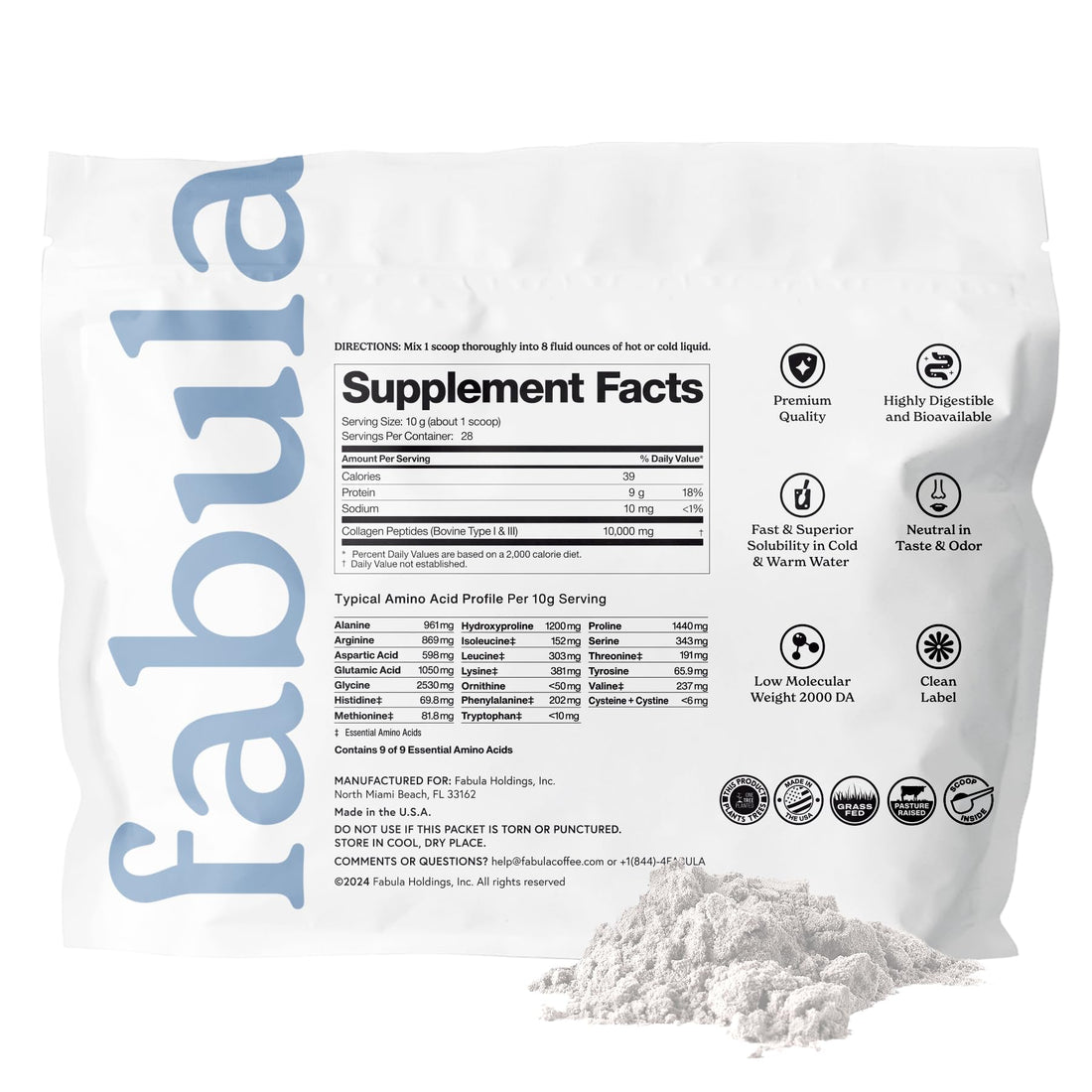 Fabula Collagen Peptides Powder, Hydrolyzed Bovine Collagen Type 1, Type 3 - Grass-Fed, Non-GMO, Gluten Free - Flavorless, 9.9 Oz, 28 Servings