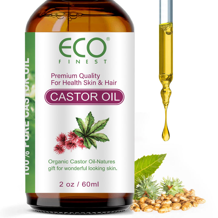 ECO Pure Natural Cold Pressed Organic Castor Oil, Suitable for Eyelashes, Eyebrows, Hair, Skin, and Nails, Nourishing and Moisturizing -20oz/60ml