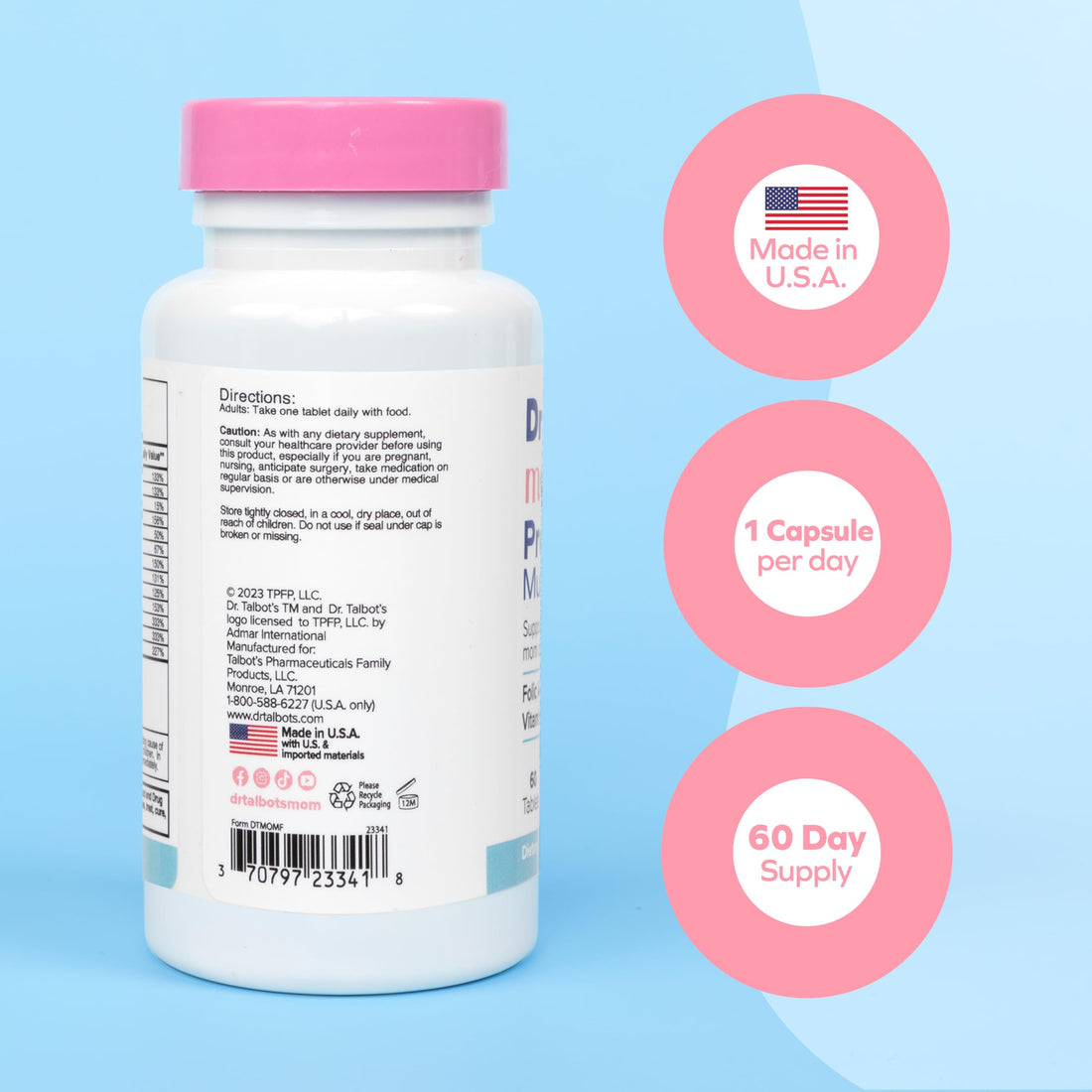 Dr. Talbot's Mom Prenatal Multi-Vitamin Daily Supplement - Folic Acid, Iron, Vitamins, and More - 60 Tablets