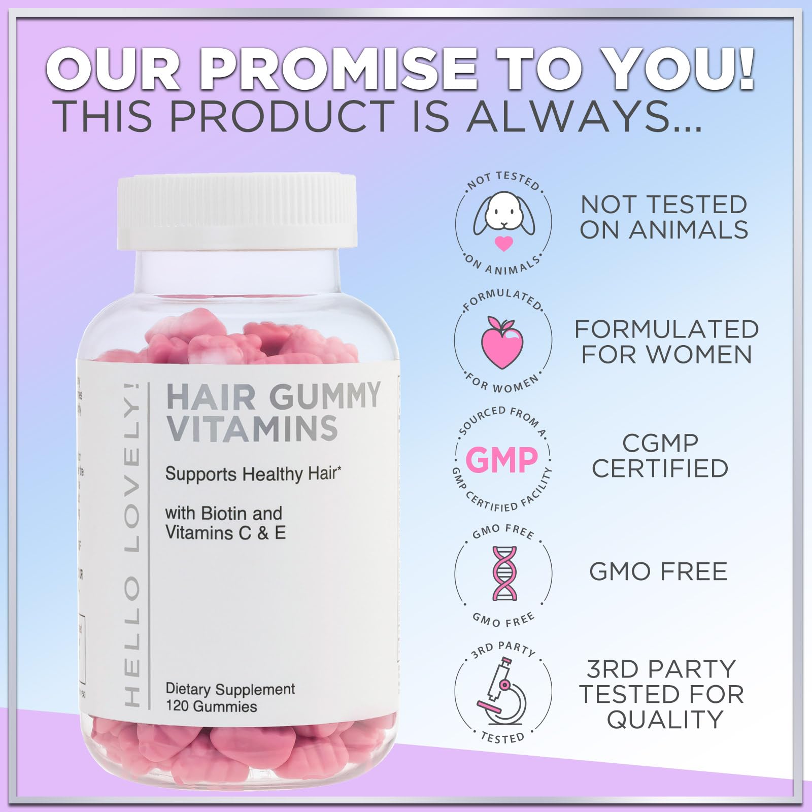 Hello Lovely! Hair Vitamins Gummy with Biotin 5000 mcg Vitamin E & C Support Hair Growth, Premium Vegetarian Non-GMO, for Stronger Beautiful Hair, Skin & Nails Supplement - 120 Bear Gummies