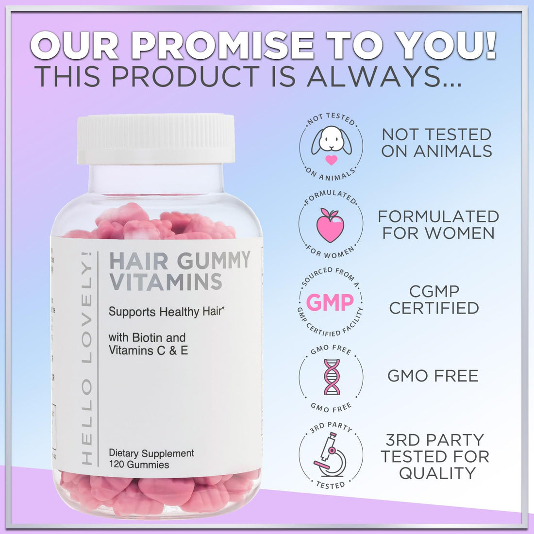 Hello Lovely! Hair Vitamins Gummy with Biotin 5000 mcg Vitamin E & C Support Hair Growth, Premium Vegetarian Non-GMO, for Stronger Beautiful Hair, Skin & Nails Supplement - 120 Bear Gummies