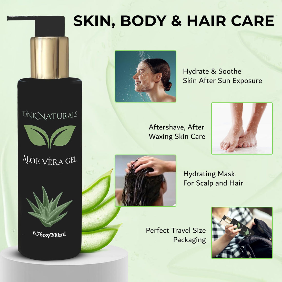 DNK Naturals Aloe Vera Gel from fresh 100% Pure Aloe - Sunburn Relief - Calms Irritated Skin - Hydrates - With Niacinamide - For Face, Body, and Hair - Vegan, No Fragrance - 200ml