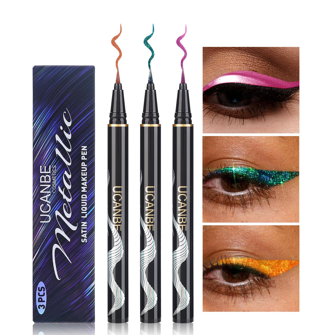 UCANBE 3PC Glitter Liquid Eyeliner Makeup Pen, Green, Pink, Orange Color Metallic Satin Finish Eye Liner Set, Long Lasting High Pigmented with Waterproof & Smudge Proof Formula