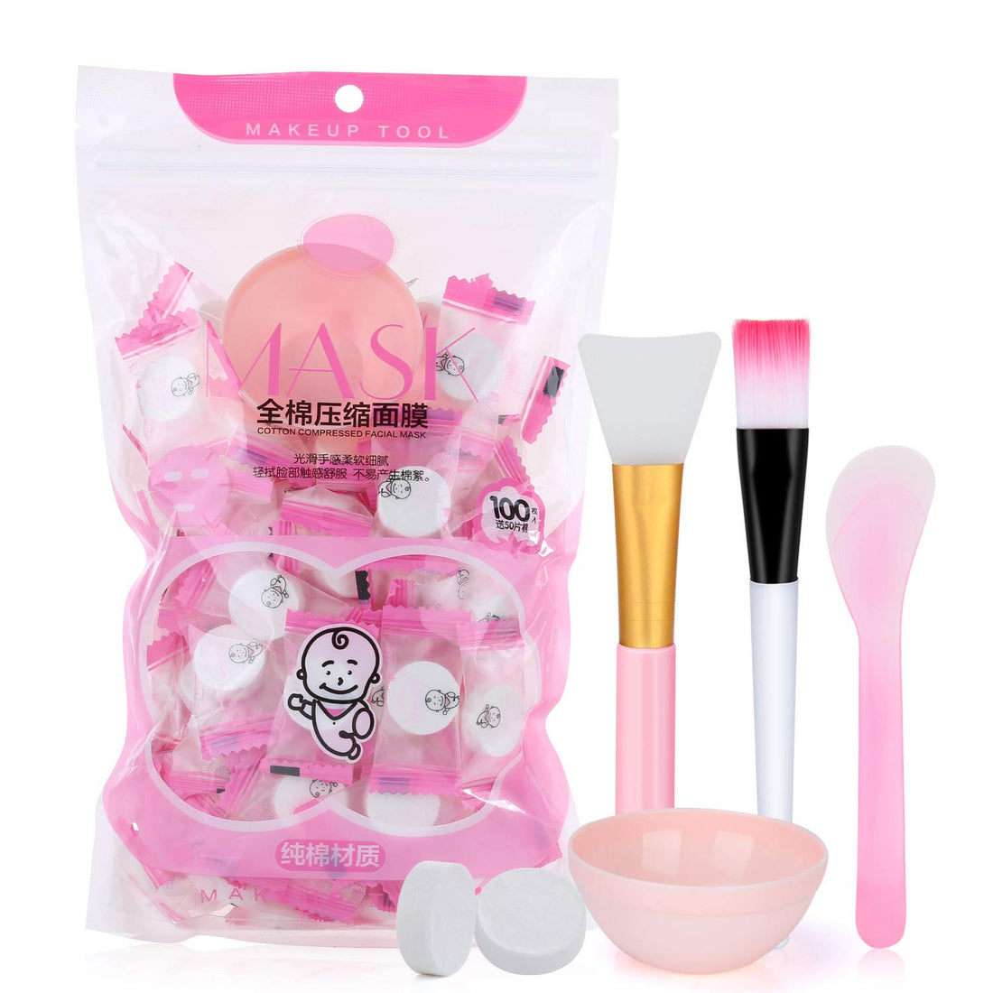 Pormasbenzer 100 Pcs With Bowl, Stick And Brush: 100Pcs Compressed Facial Mask Cotton Face Mask Sheet Grain Skin Care Dry Sheet Mask Paper Diy Natural Face Cotton Mask Sheet, Get Free Of 1Ã—Mas