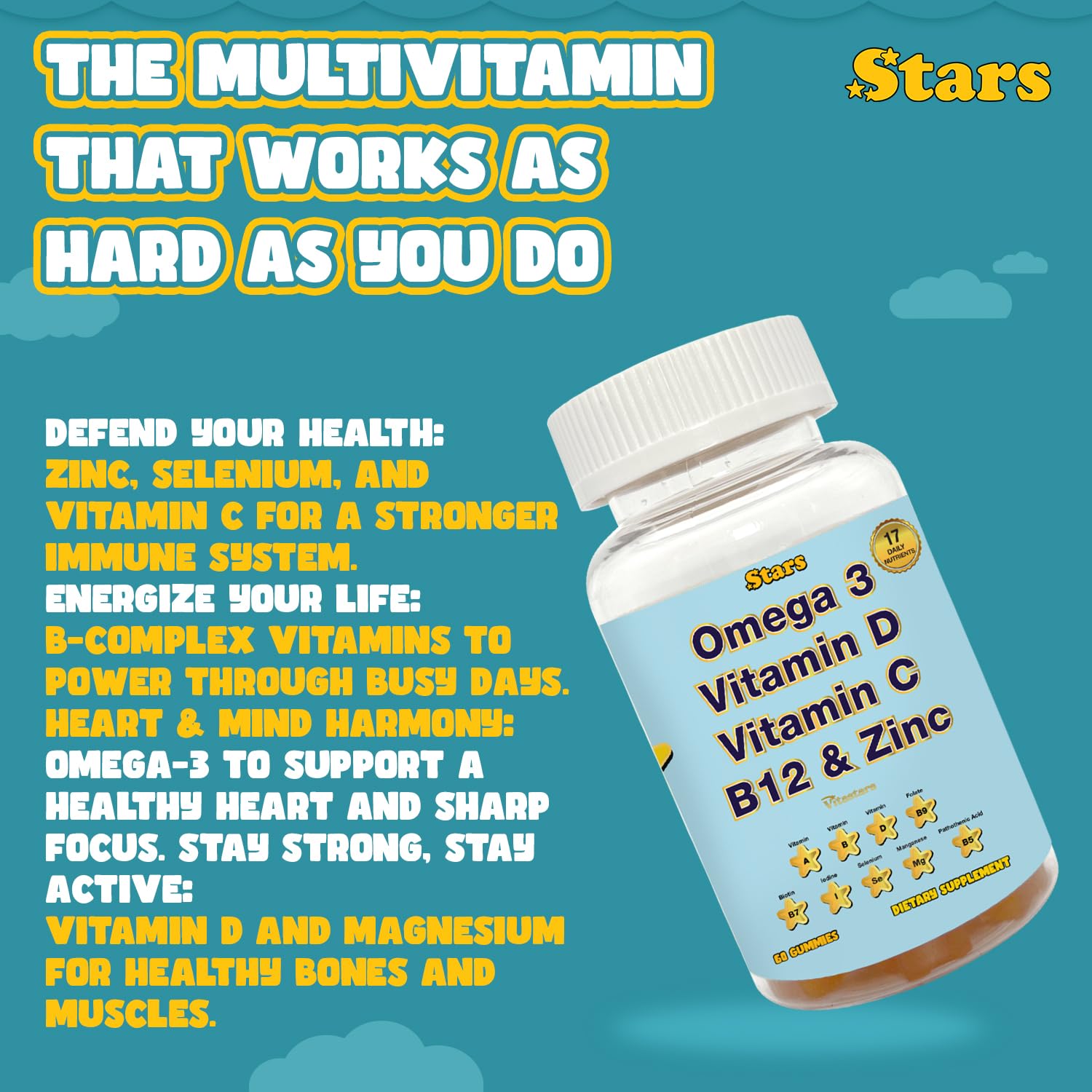 Adult Multivitamin Gummy with Omega 3, Chewable Multivitamin with Selenium, Vitamin A, B, C, D, Biotin, Multivitamin for Women, Multivitamin for Men, 60 Star Shaped Multivitamin Gummies