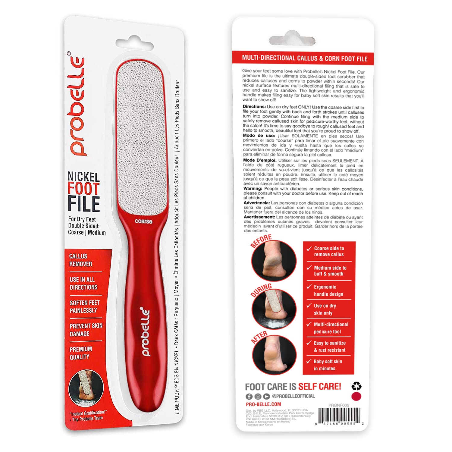 Probelle 2-Sided Hypoallergenic Nickel Foot File for Callus Trimming and Callus Removal, Red, 4 Ounce