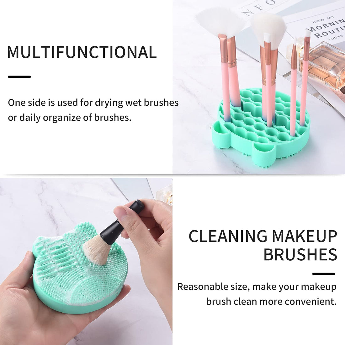 Silicon Makeup Brush Cleaning Mat with Brushes Drying Holder Portable Bear Shaped Cosmetic Brush Cleaner Pad+ Makeup Brush Dry Cleaned Quick Color Removal Sponge Scrubber Tool (Blue)