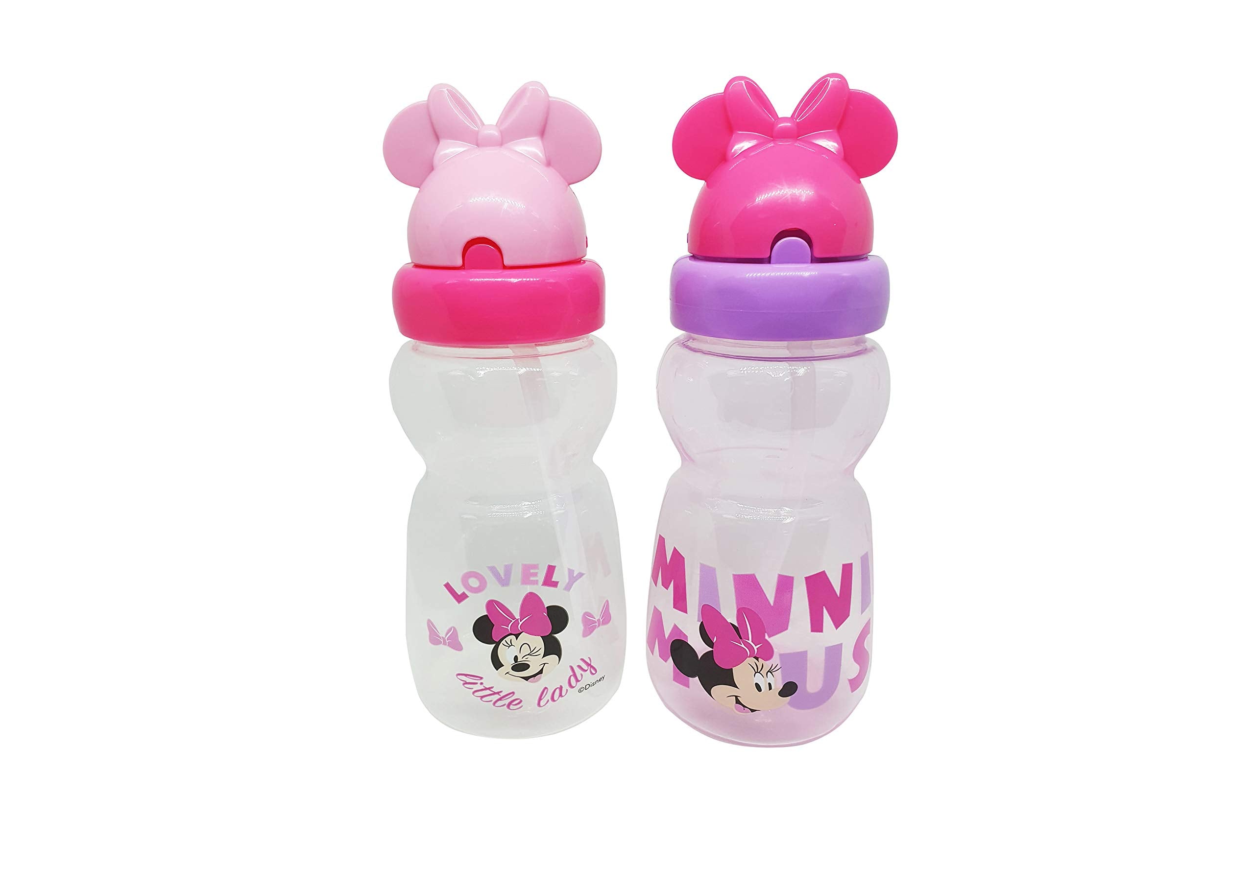 Disney Cudlie Minnie Mouse Baby Girl 2 Pack of 11 Oz Sippers Pop Up Straw Character Molded Lid with Little Lady Print