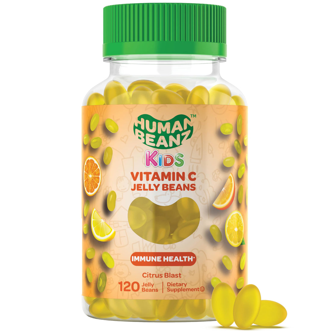 Human Beanz Vitamin C Jelly Bean Gummies for Kids, Immune Support Dietary Supplements, Vegetarian, 120 Citrus Blast Jelly Beans, Kosher