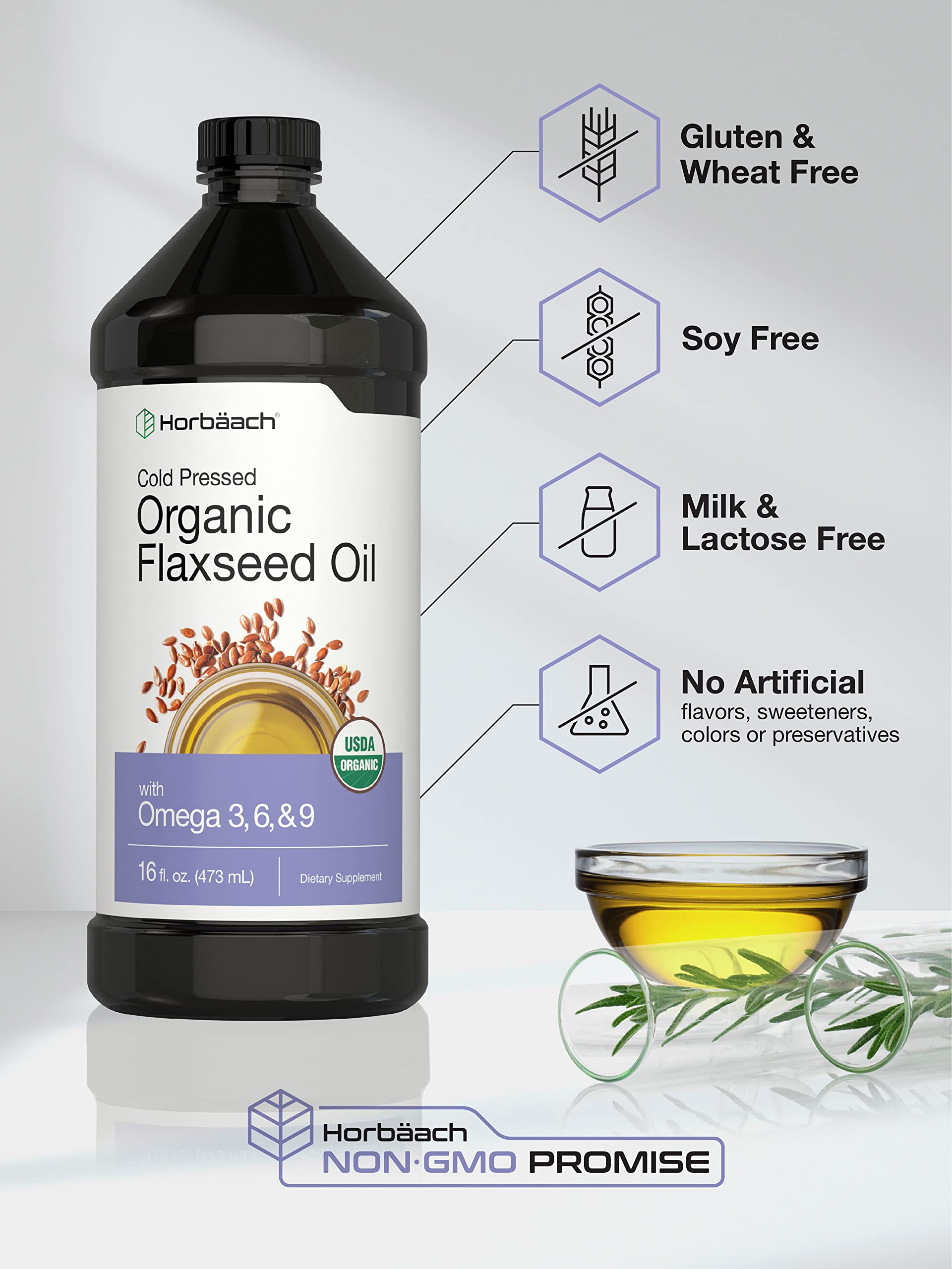 Horbäach Organic Flaxseed Oil | 3 Pack | 16 fl oz Each | Cold Pressed | with Omega 3, 6, 9 | Vegetarian, Non-GMO, Gluten Free Liquid