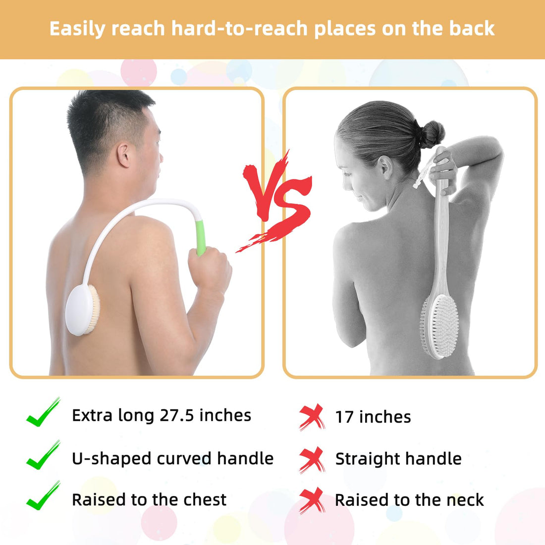 Fanwer Back Bath Brush with U-Shaped Long Handle, 27.5ââ‚¬Â Shower Body Brush with Curved Handle, Back Scrubber for Elderly, Disabled, Limited Mobility, Post-Surgery, Frozen Shoulder,Men and Women