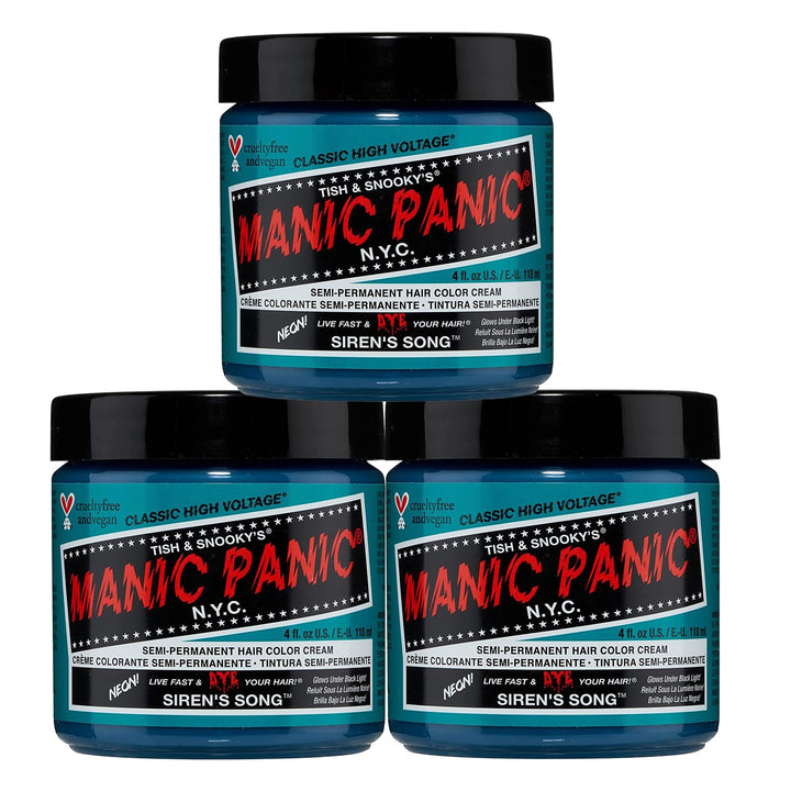 Manic Panic Siren's Song Blue Color Cream (3-Pack) Classic High Voltage - Semi-Permanent Hair Dye - Vivid, Blue Shade - For Dark, Light Hair – Vegan, PPD & Ammonia-Free - Ready-to-Use, No-Mix Coloring