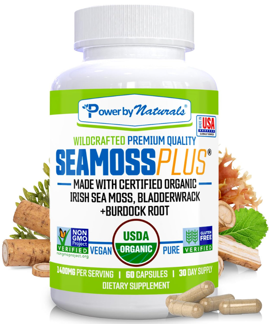 Power By Naturals Sea Moss Plus - USDA Organic Irish Sea Moss Capsules w/Wild Harvested Irish Seamoss, Bladderwrack & Burdock Root Immunity Supplement Sea Moss Pills for Adult 60Ct - 1 Pack