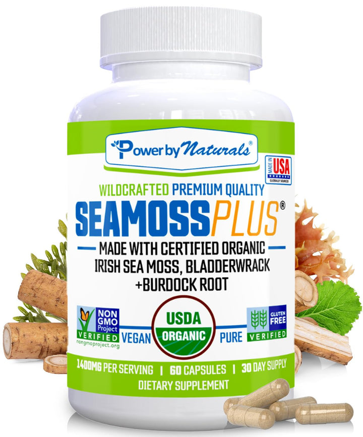 Power By Naturals Sea Moss Plus - USDA Organic Irish Sea Moss Capsules w/Wild Harvested Irish Seamoss, Bladderwrack & Burdock Root Immunity Supplement Sea Moss Pills for Adult 60Ct - 1 Pack