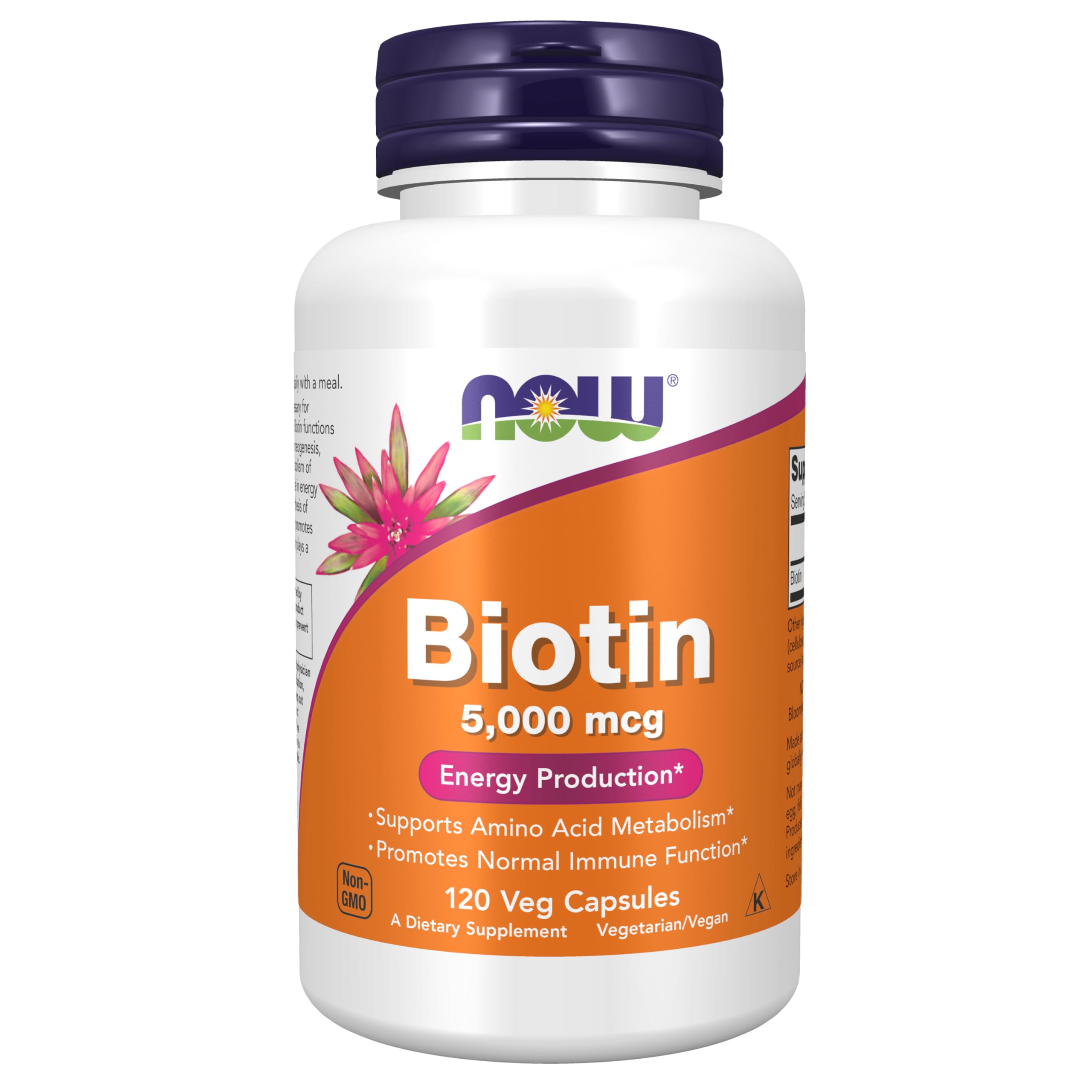 NOW Foods Supplements, Biotin 5,000 mcg, Amino Acid Metabolism*, Energy Production*, 120 Veg Capsules
