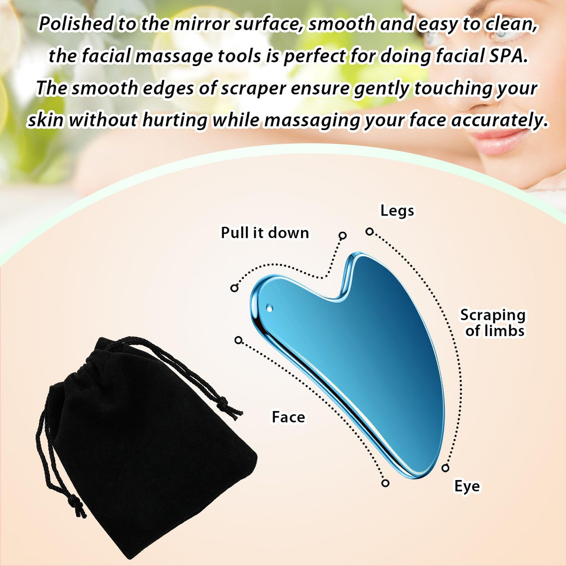 Nuanchu Stainless Steel Gua Sha Facial Tools Lymphatic Drainage Massager Guasha for Face Metal Gua Sha Skin Self Care Gifts Face Sculpting Guasha for Body Eyes Jawline Shaper with Pouch(Blue)